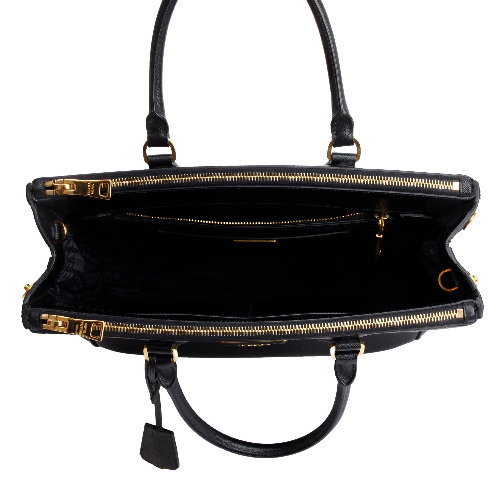 Prada Black Saffiano Lux Medium Double Zip Galleria Tote w/ Strap & Box