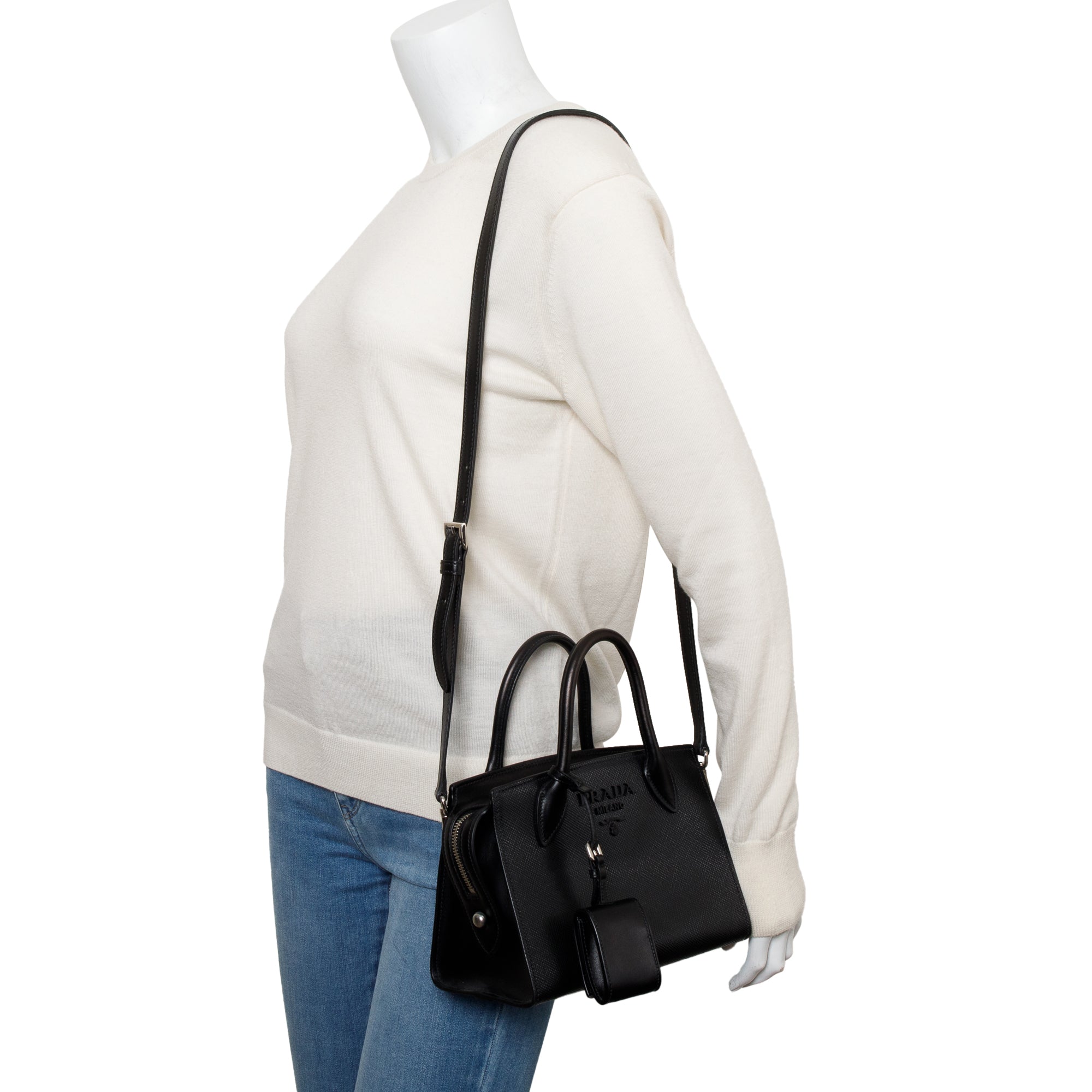 Prada Black Saffiano Lux Mini Monochrome Top Handle Tote w/ Strap