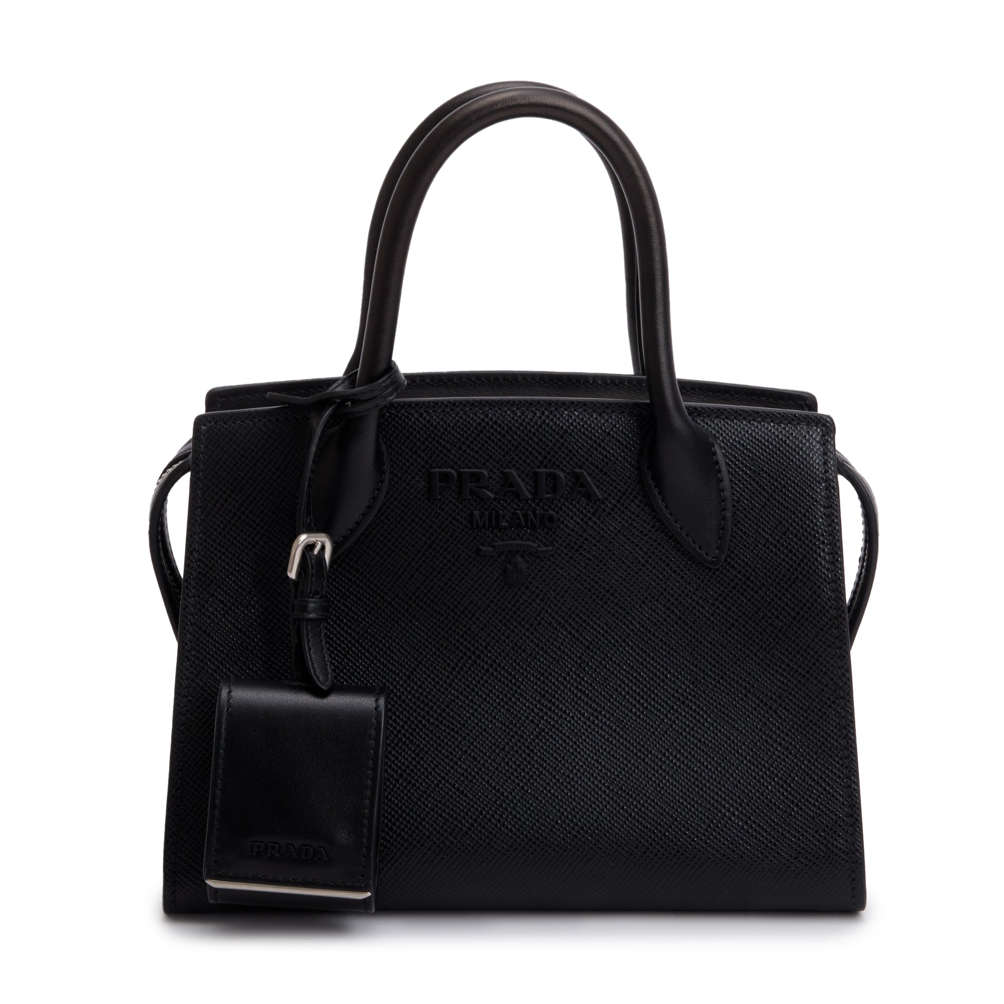 Prada Black Saffiano Lux Mini Monochrome Top Handle Tote w/ Strap