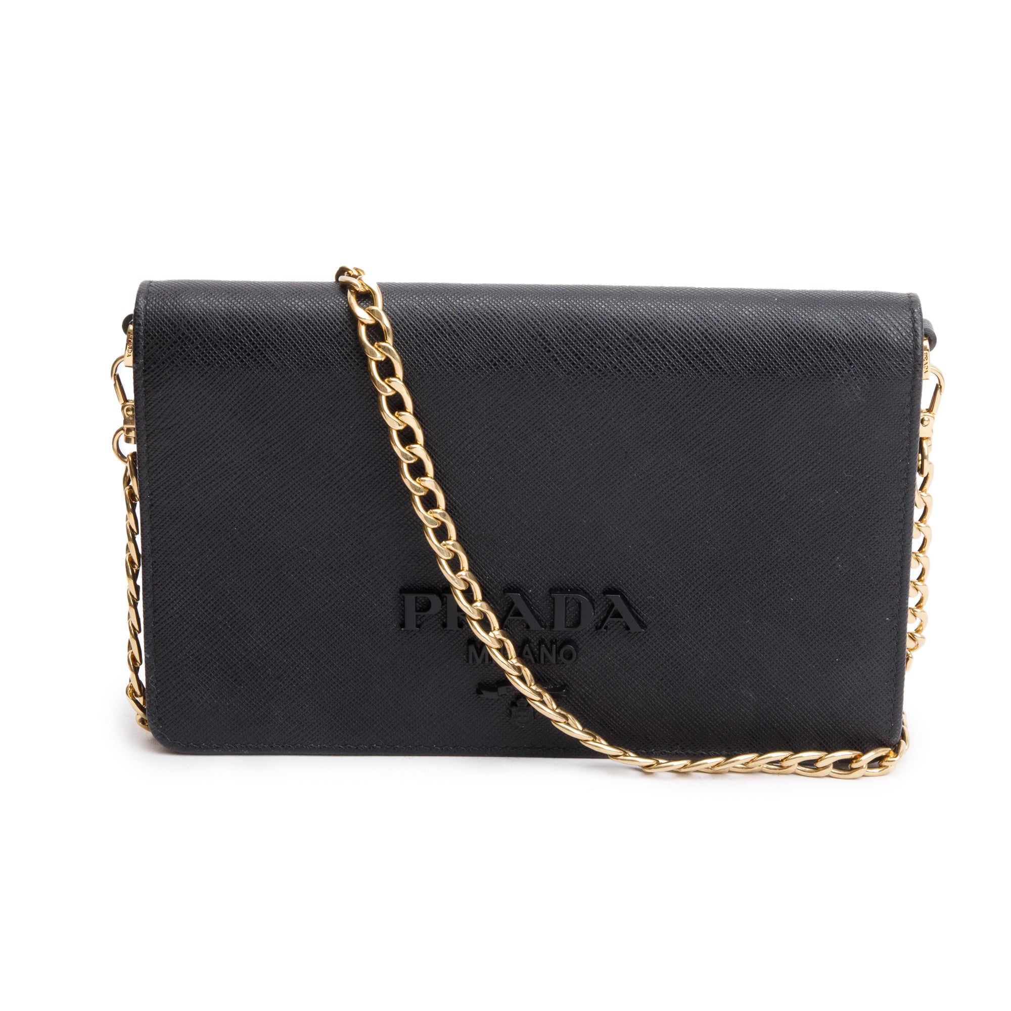 Prada Black Saffiano Lux Monochrome Wallet on Chain