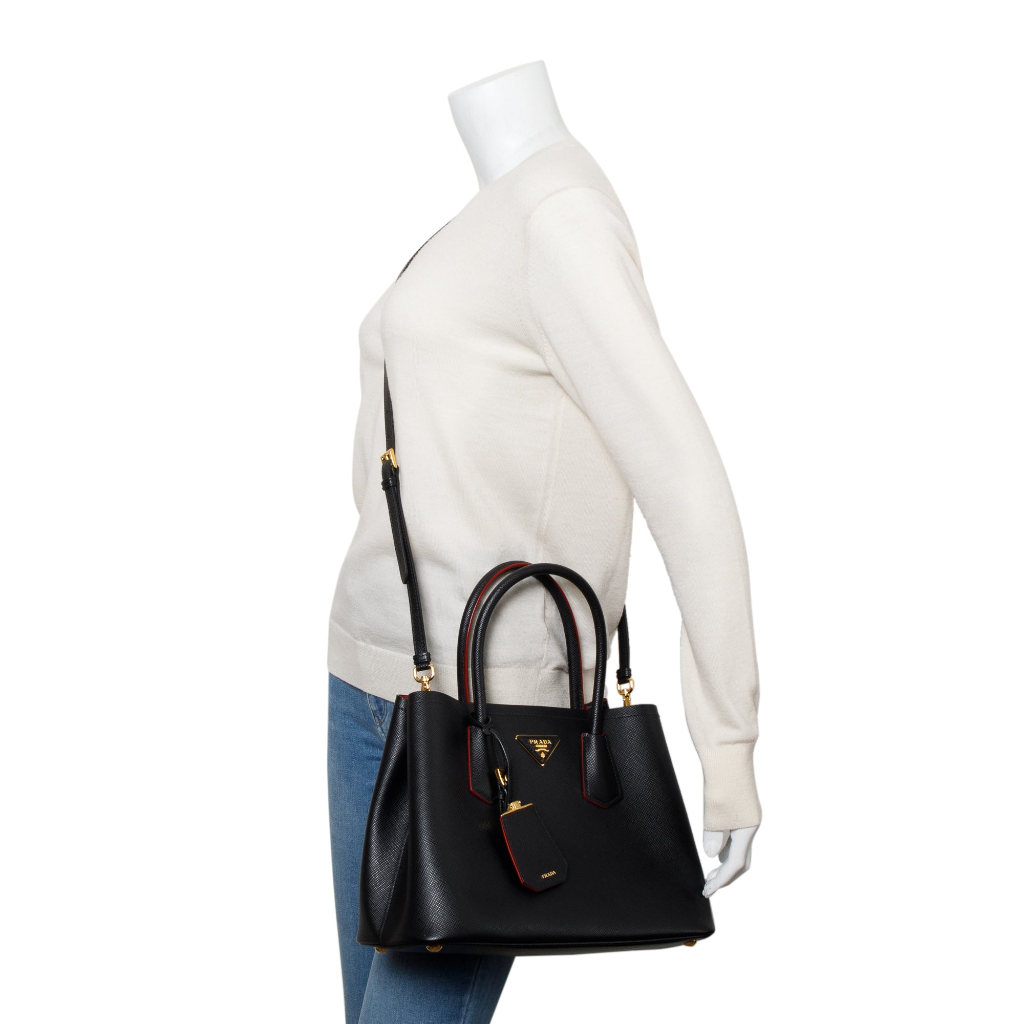 Prada Black Saffiano Lux Small Cuir Double Tote w/ Strap & Authenticity Card