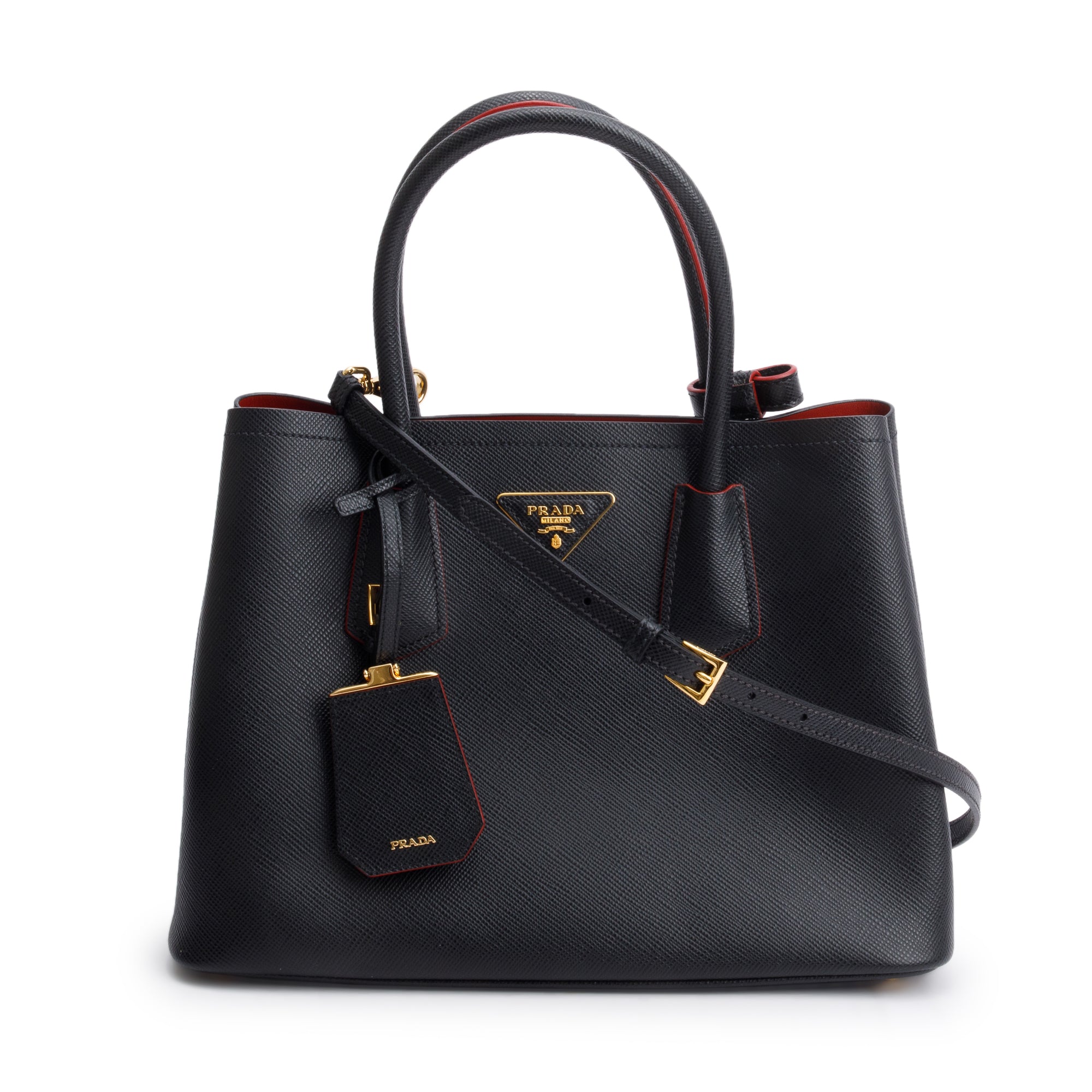 Prada Black Saffiano Lux Small Cuir Double Tote w/ Strap & Authenticity Card