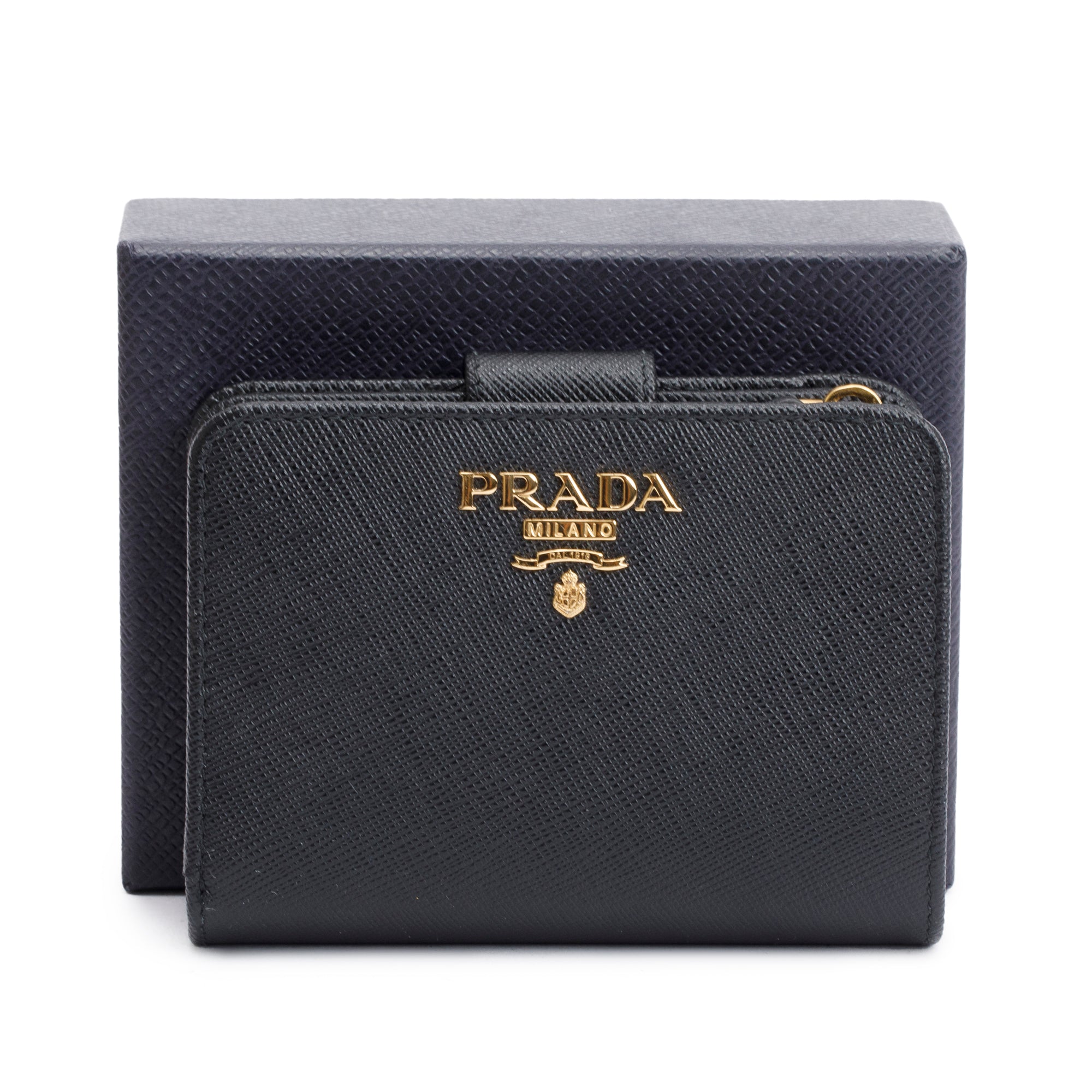 Prada Black Saffiano Metal Compact Wallet w/ Box