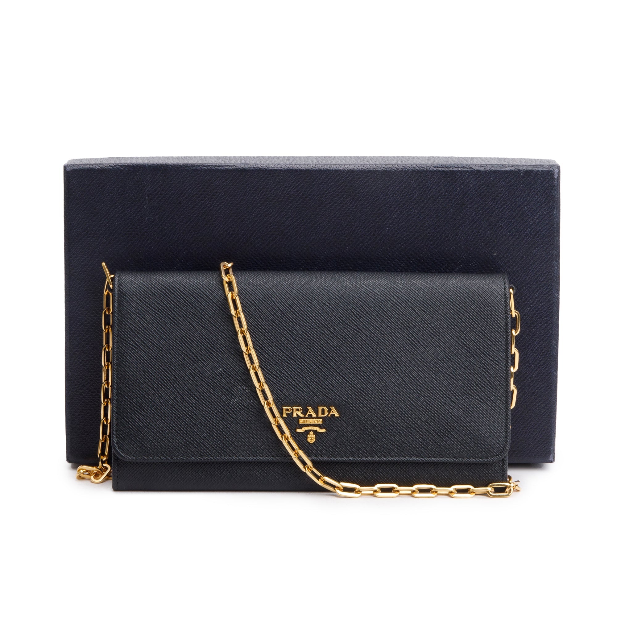Prada Black Saffiano Metal Continental Wallet on Chain w/ Box & Authenticity Card