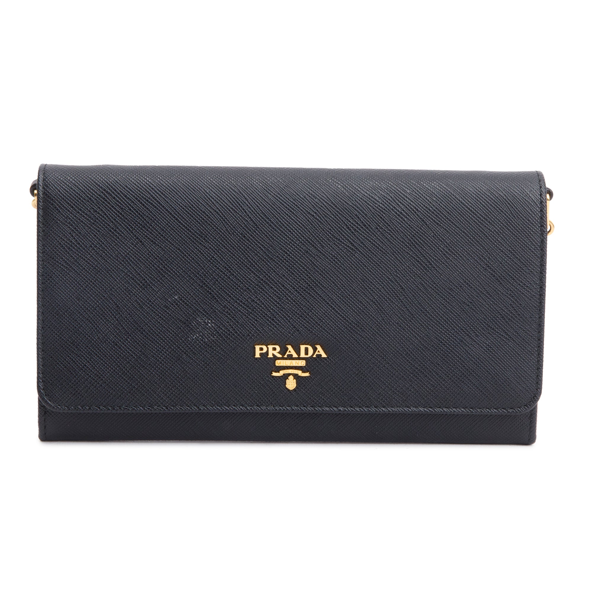 Prada Black Saffiano Metal Continental Wallet on Chain w/ Box & Authenticity Card