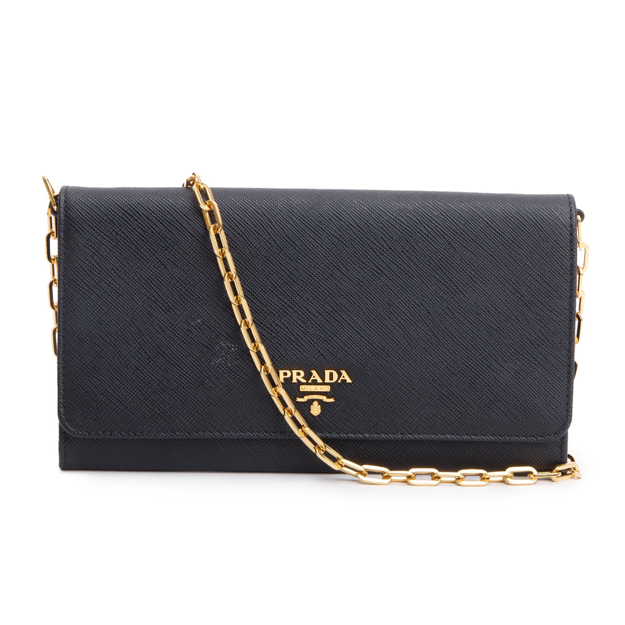 Prada Black Saffiano Metal Continental Wallet on Chain w/ Box & Authenticity Card