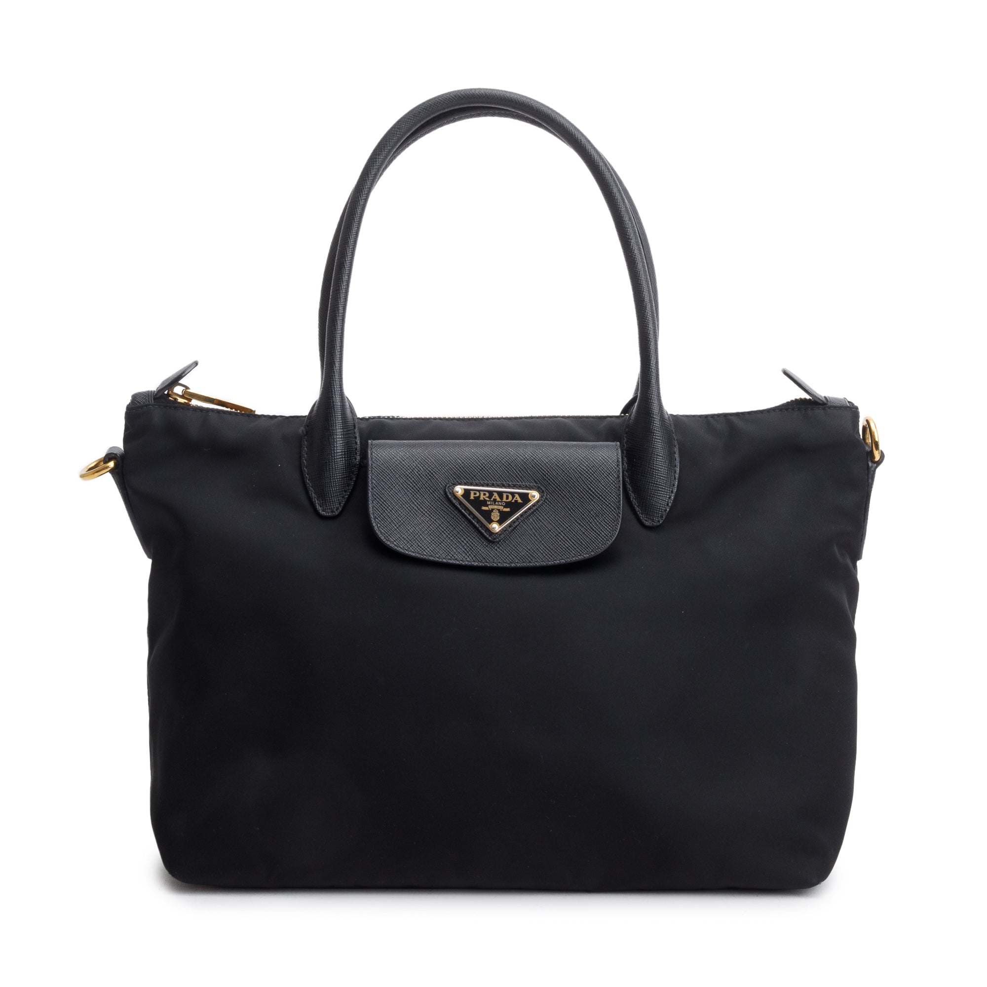 Prada Black Saffiano-Trimmed Tessuto Nylon Handle Tote w/ Strap