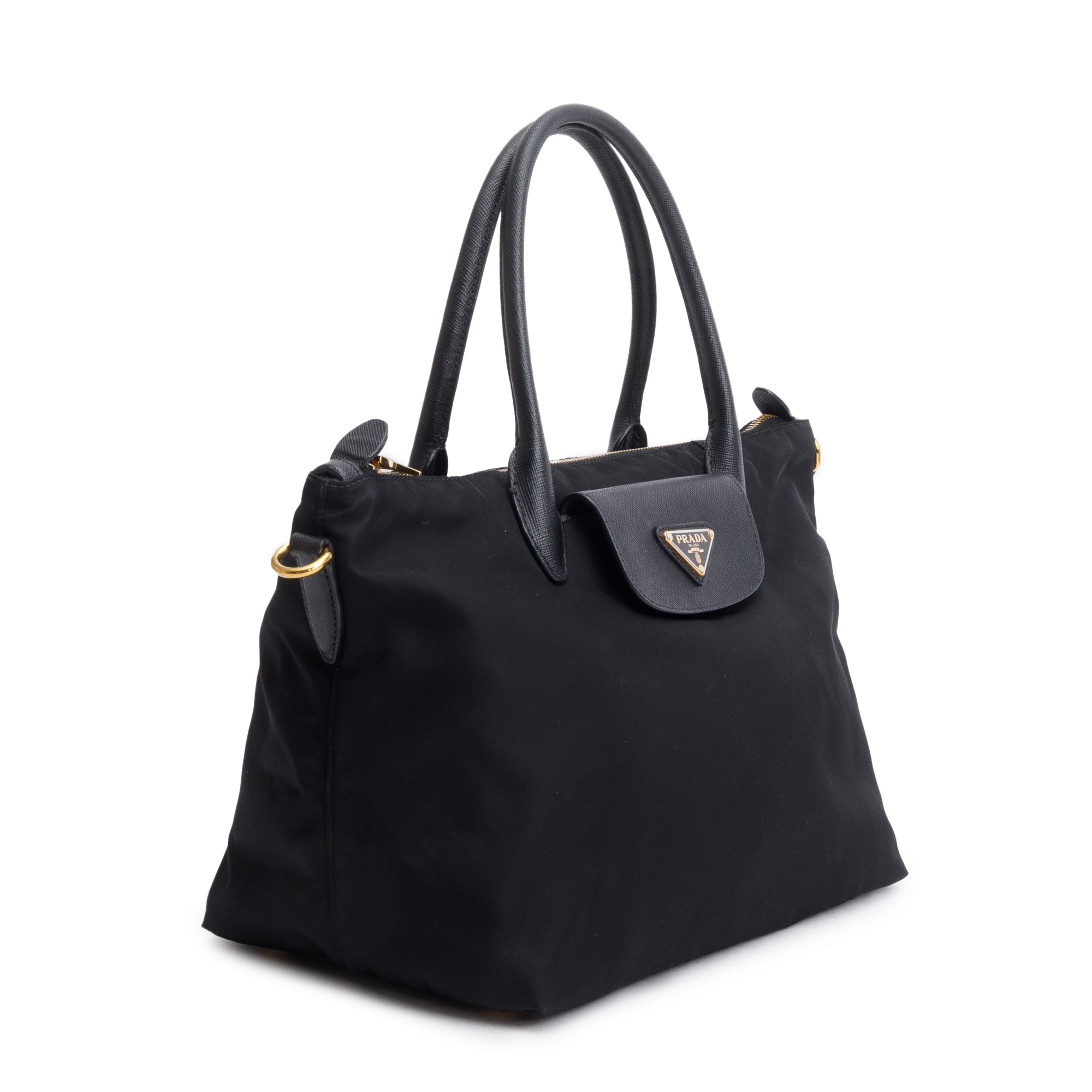 Prada Black Saffiano-Trimmed Tessuto Nylon Handle Tote w/ Strap