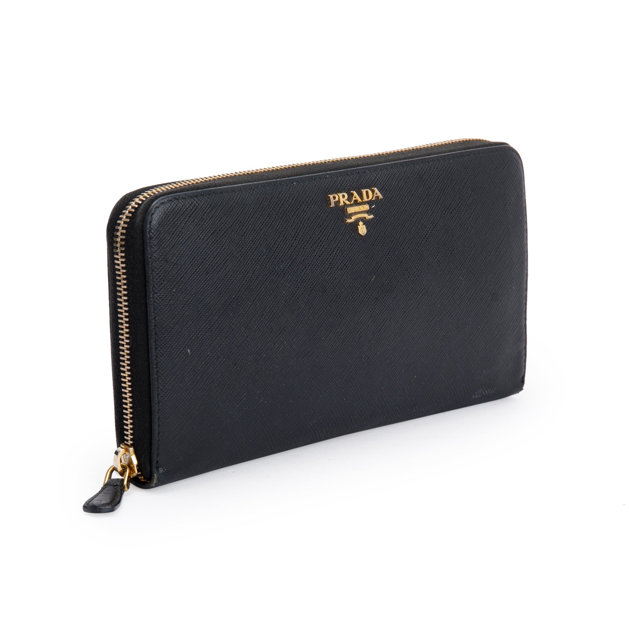 Prada Black Saffiano Zip Around Orgainzer Wallet w/ Box