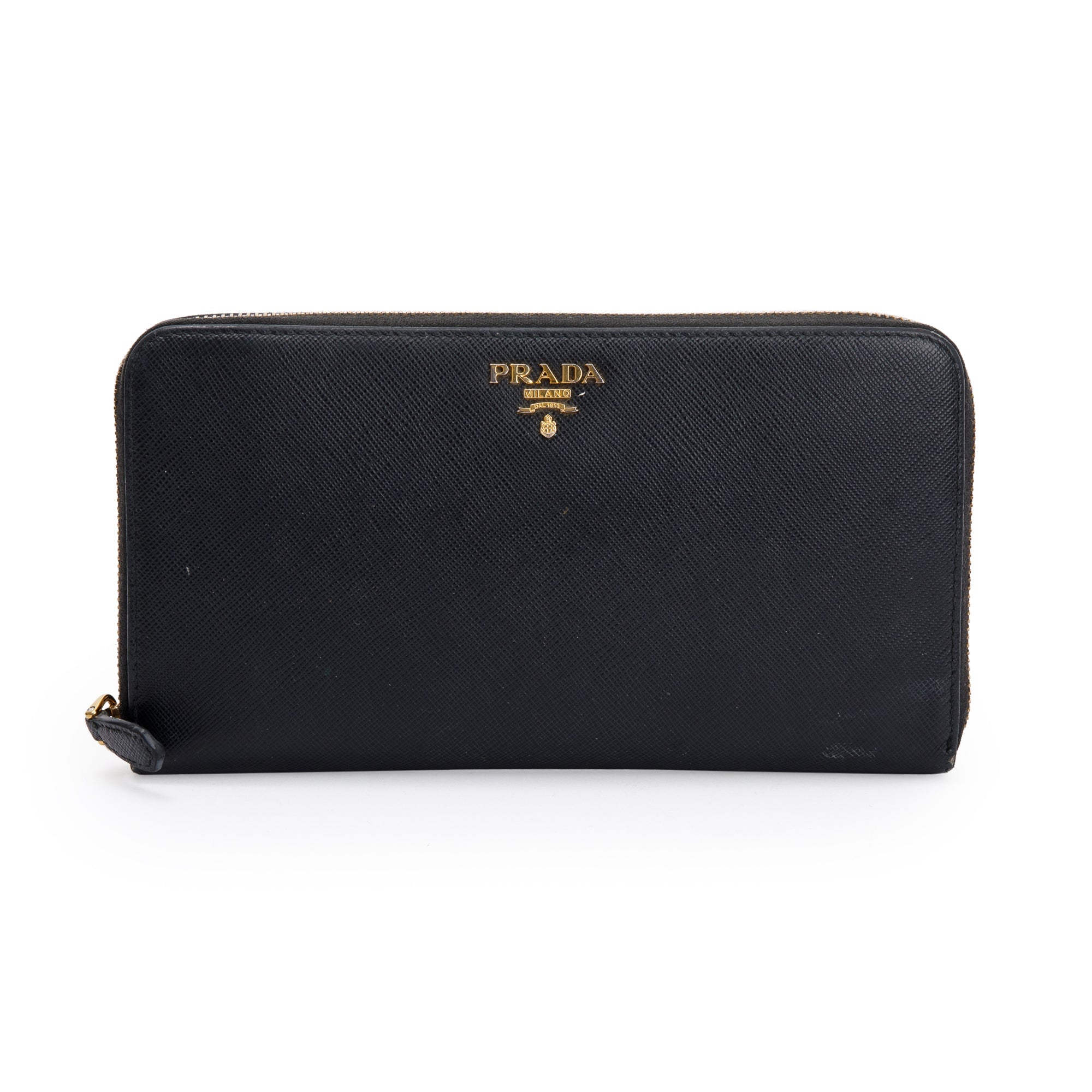 Prada Black Saffiano Zip Around Orgainzer Wallet w/ Box