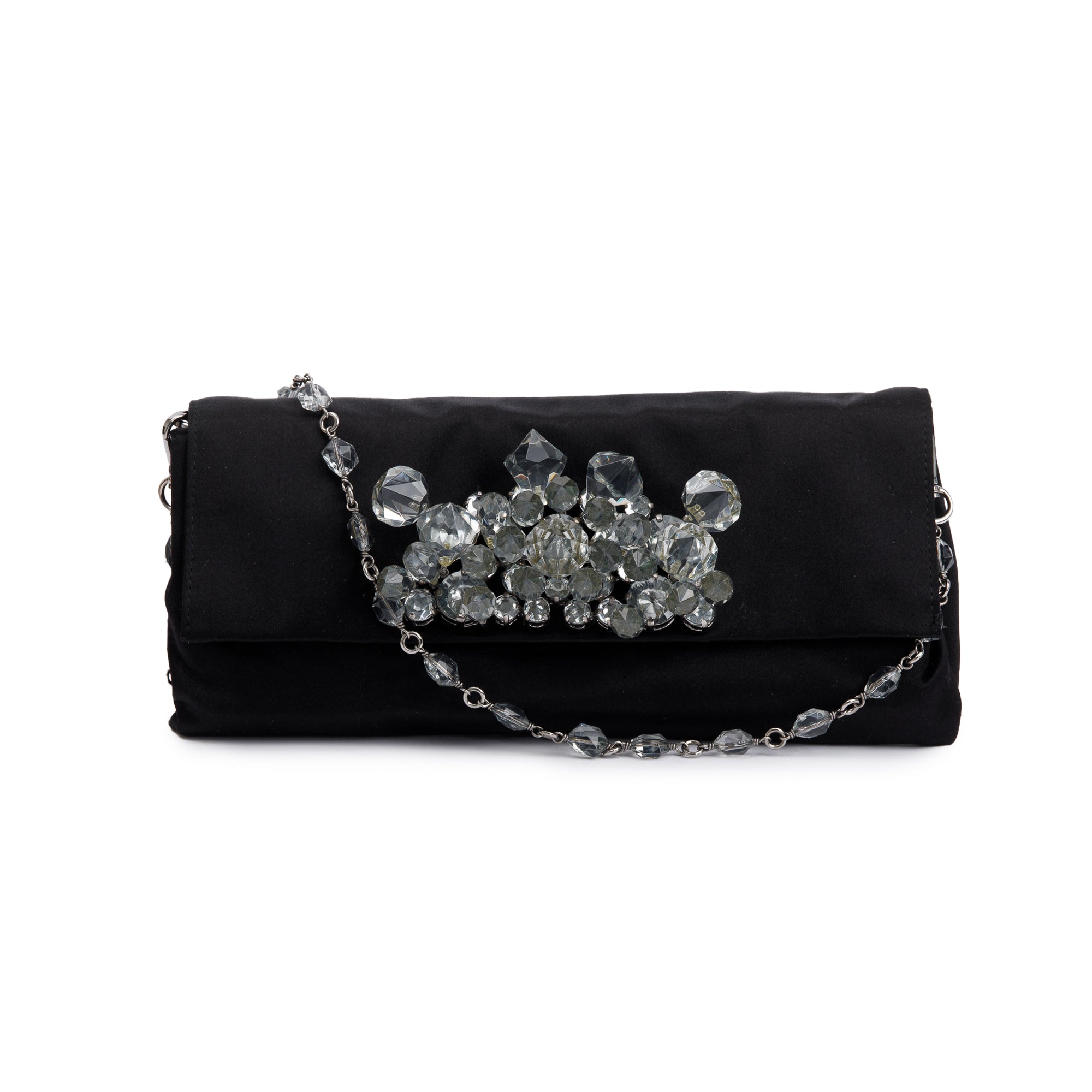 Prada Black Satin Crystal Embellished Chain Clutch