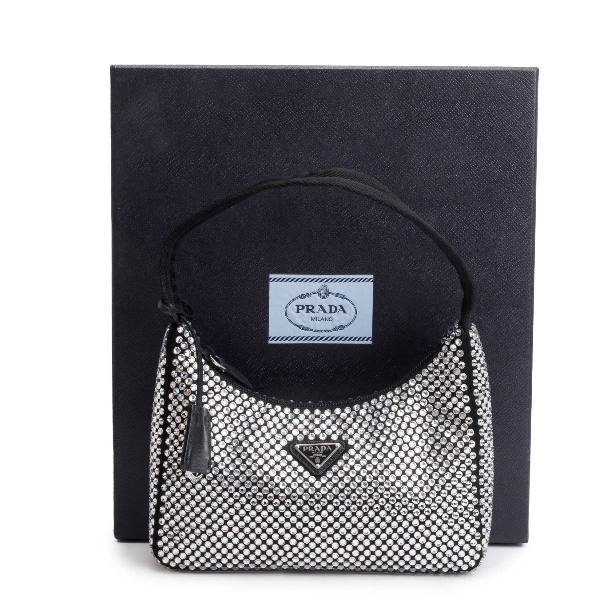 Prada Black Satin Crystal Re-Edition 2000 Mini Bag w/ Box