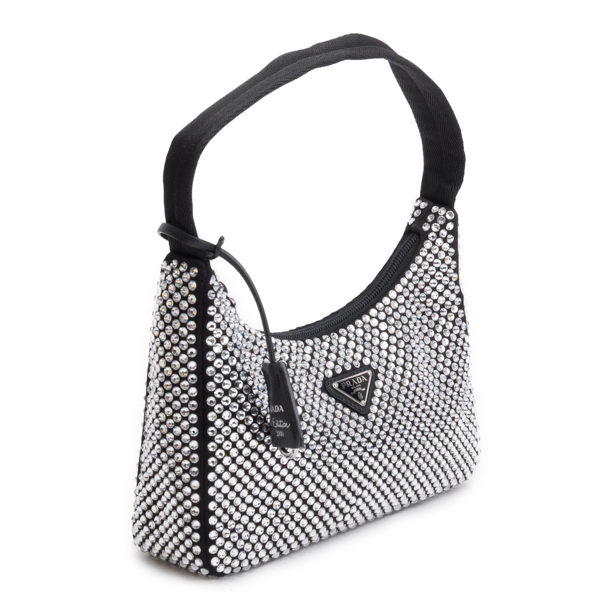 Prada Black Satin Crystal Re-Edition 2000 Mini Bag w/ Box