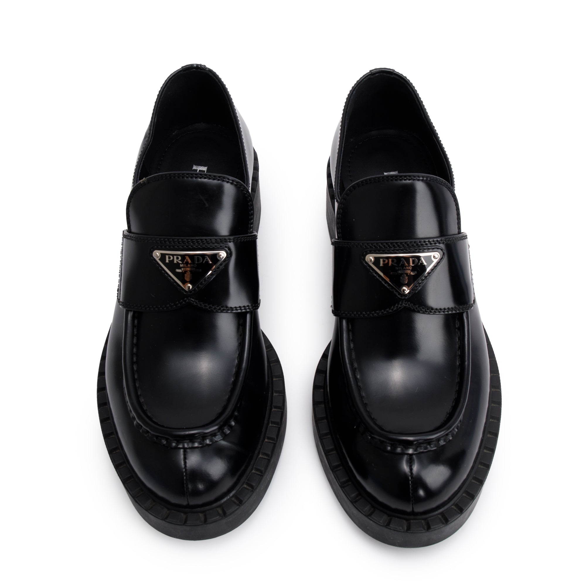 Prada Black Spazzolato Leather Signature Logo Loafers, Size 38 w/ Box