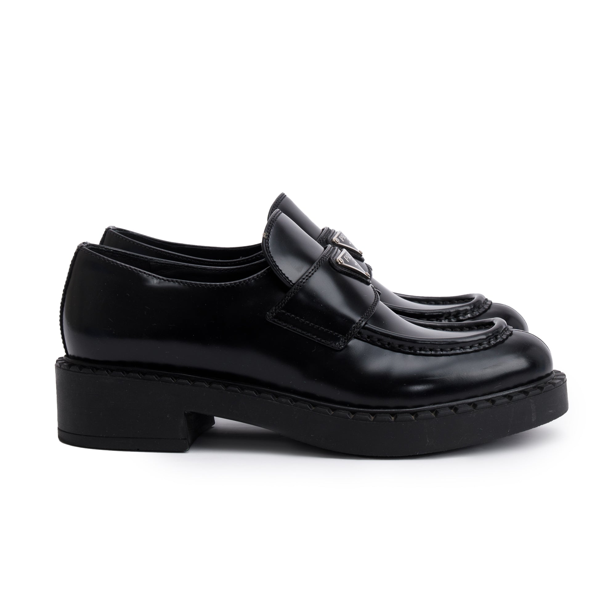 Prada Black Spazzolato Leather Signature Logo Loafers, Size 38 w/ Box