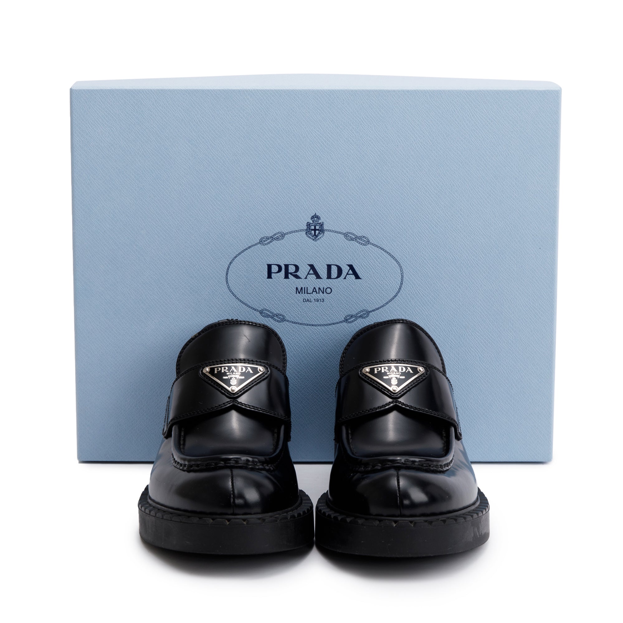 Prada Black Spazzolato Leather Signature Logo Loafers, Size 38 w/ Box