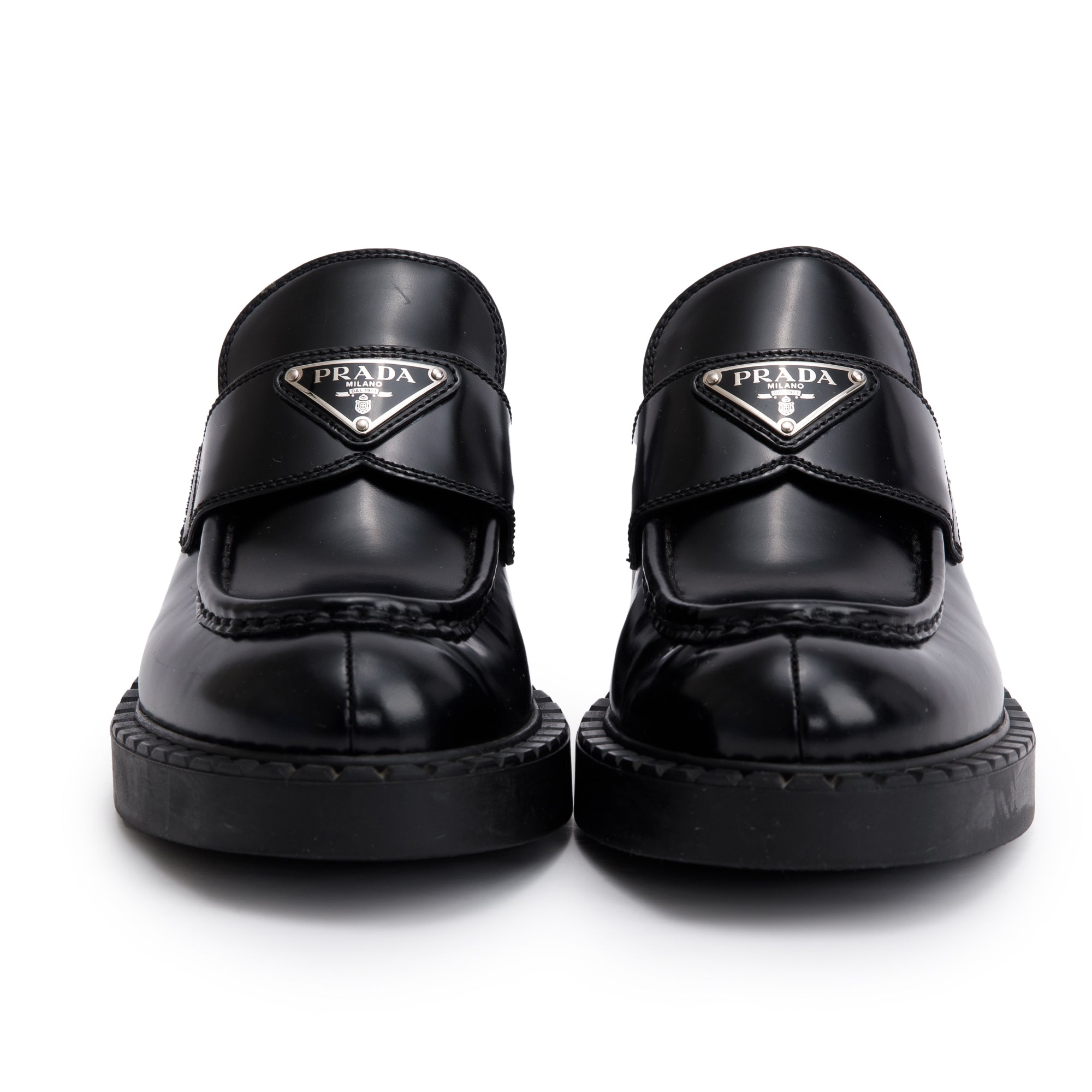 Prada Black Spazzolato Leather Signature Logo Loafers, Size 38 w/ Box