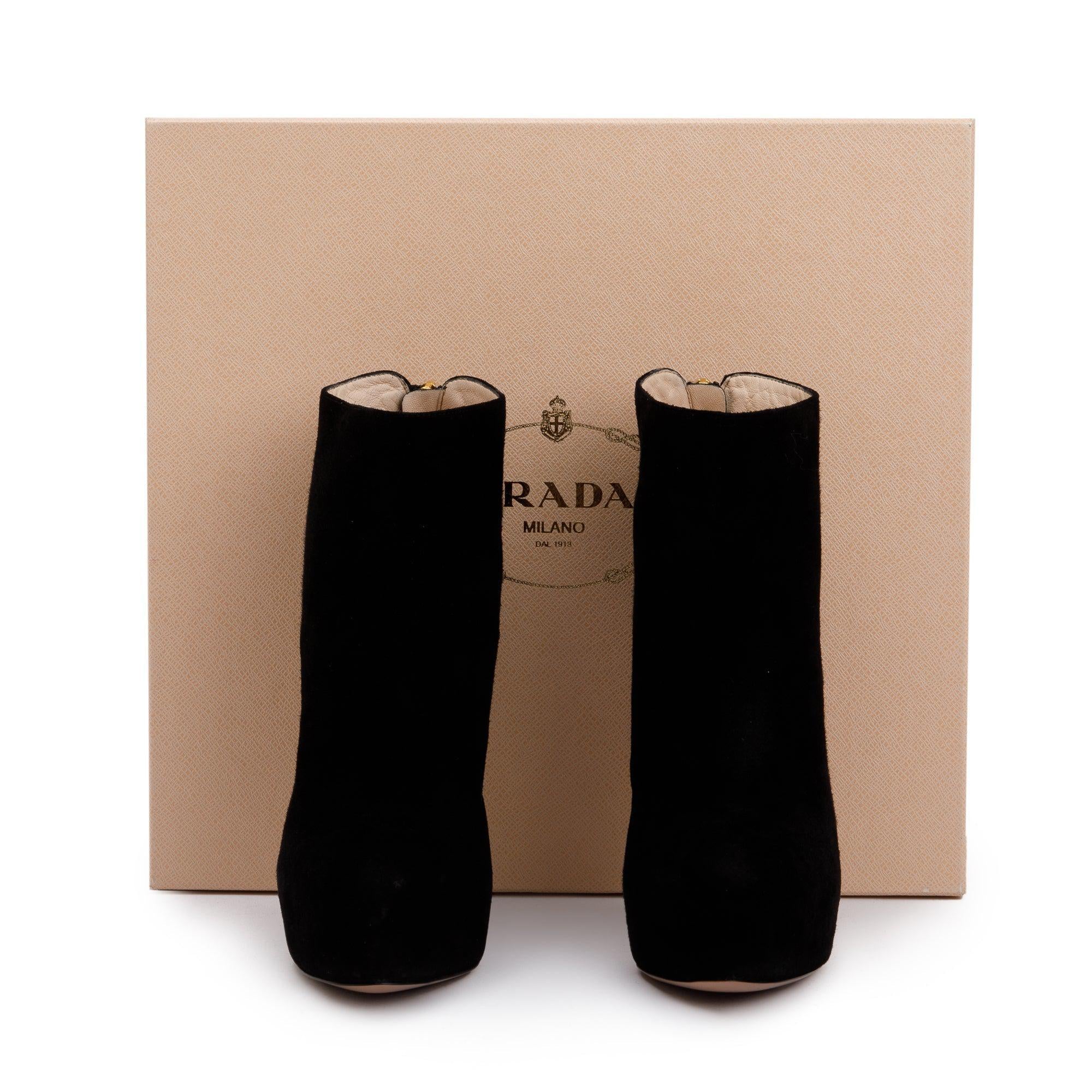 Prada Black Suede High Heeled Booties, Size 36 w/ Box