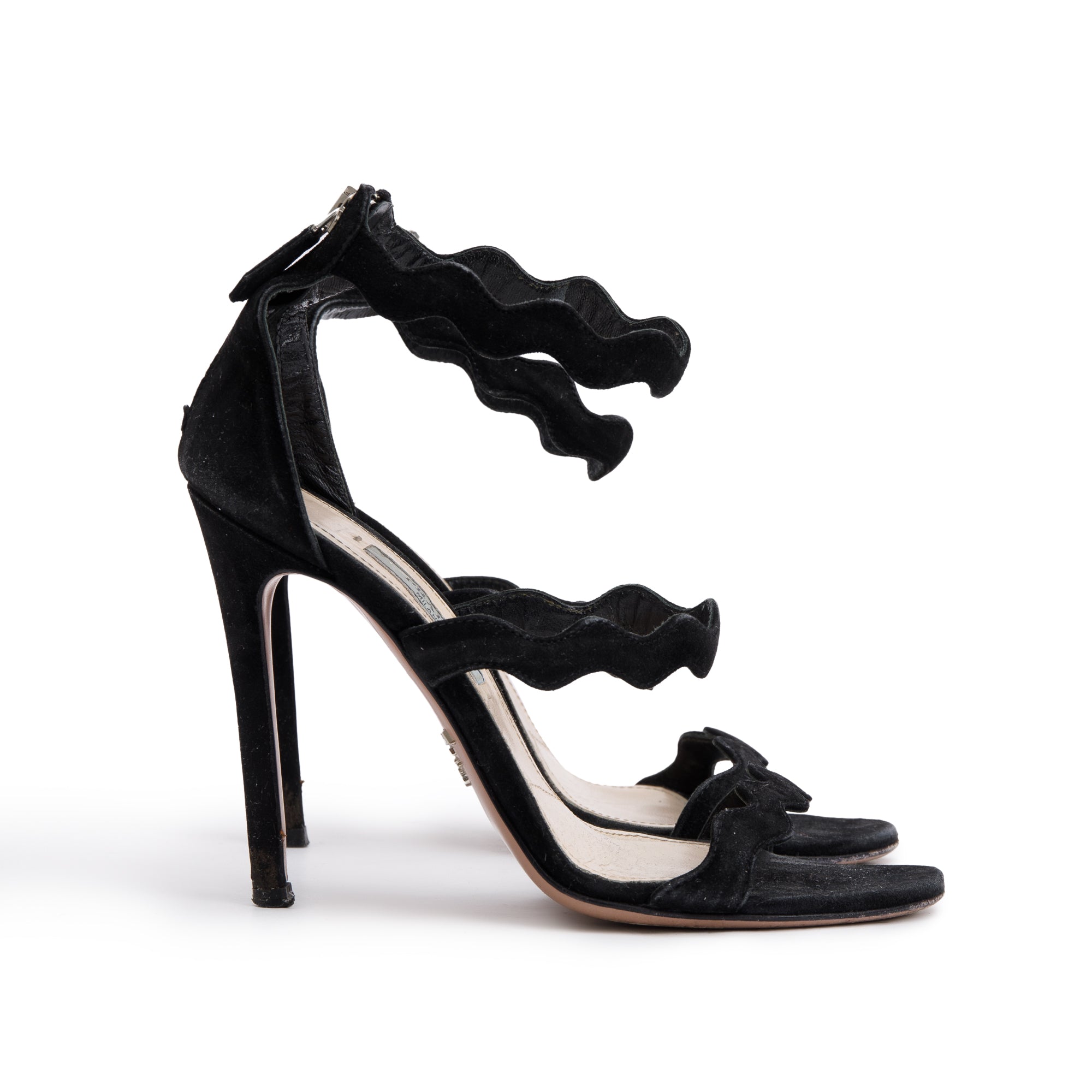 Prada Black Suede Wavy Strap Sandals, Size 35.5
