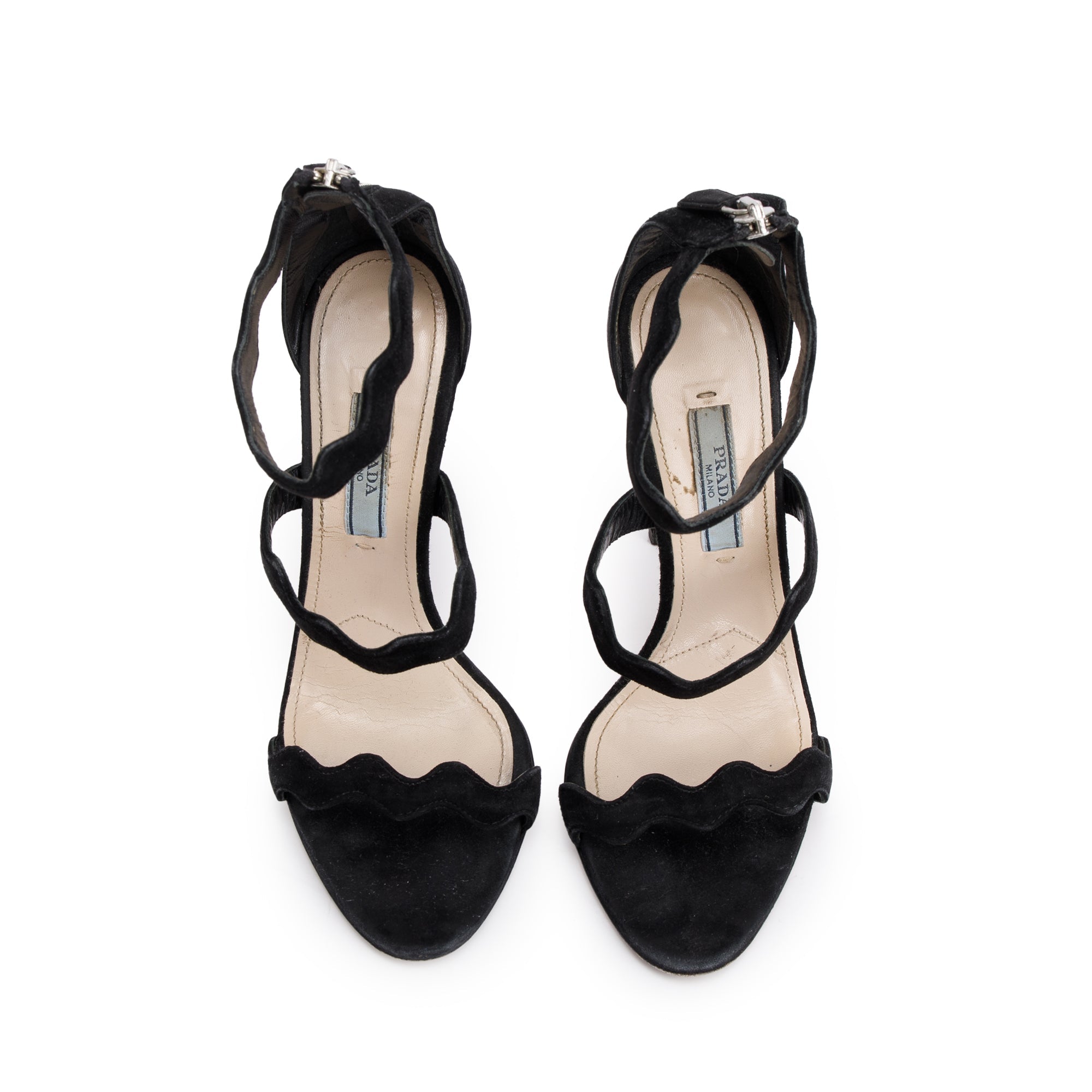Prada Black Suede Wavy Strap Sandals, Size 35.5