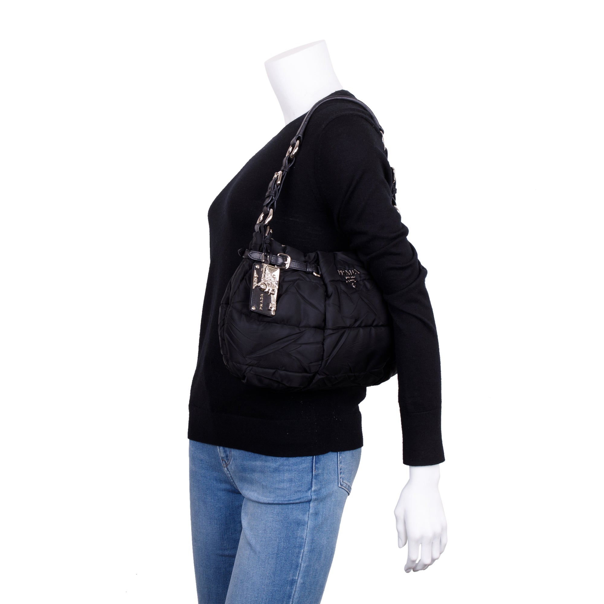 Prada Black Tessuto Nylon Gauffre Quilted Shoulder Bag