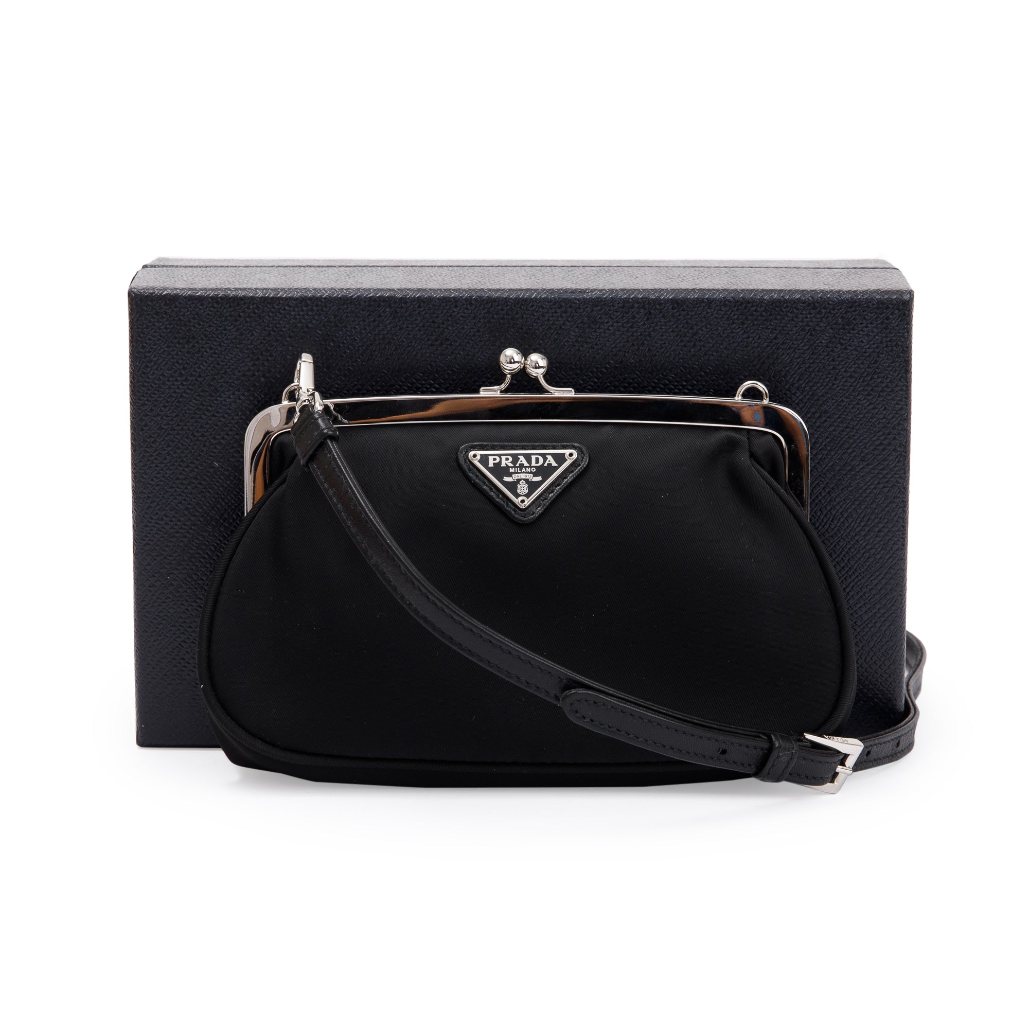 Prada Black Tessuto Nylon Kisslock Crossbody Bag w/ Strap & Box