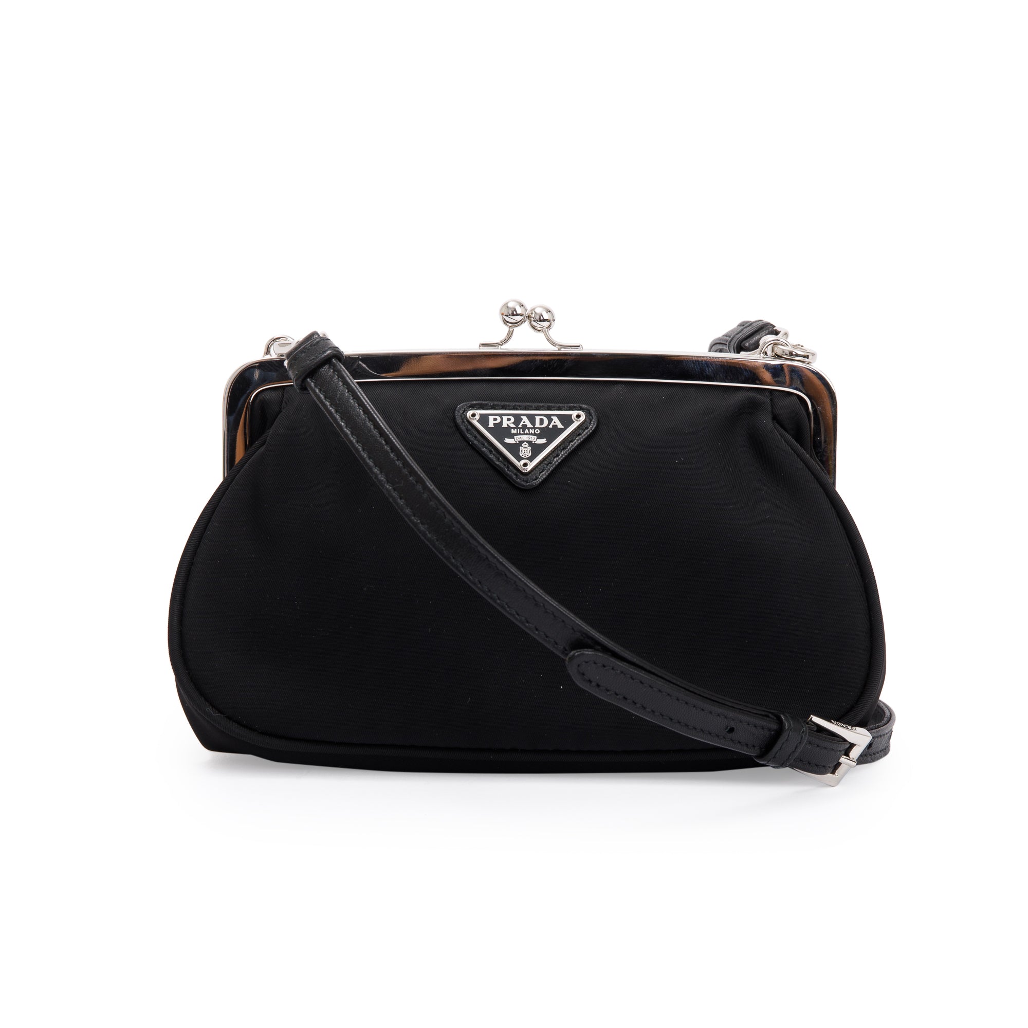 Prada Black Tessuto Nylon Kisslock Crossbody Bag w/ Strap & Box