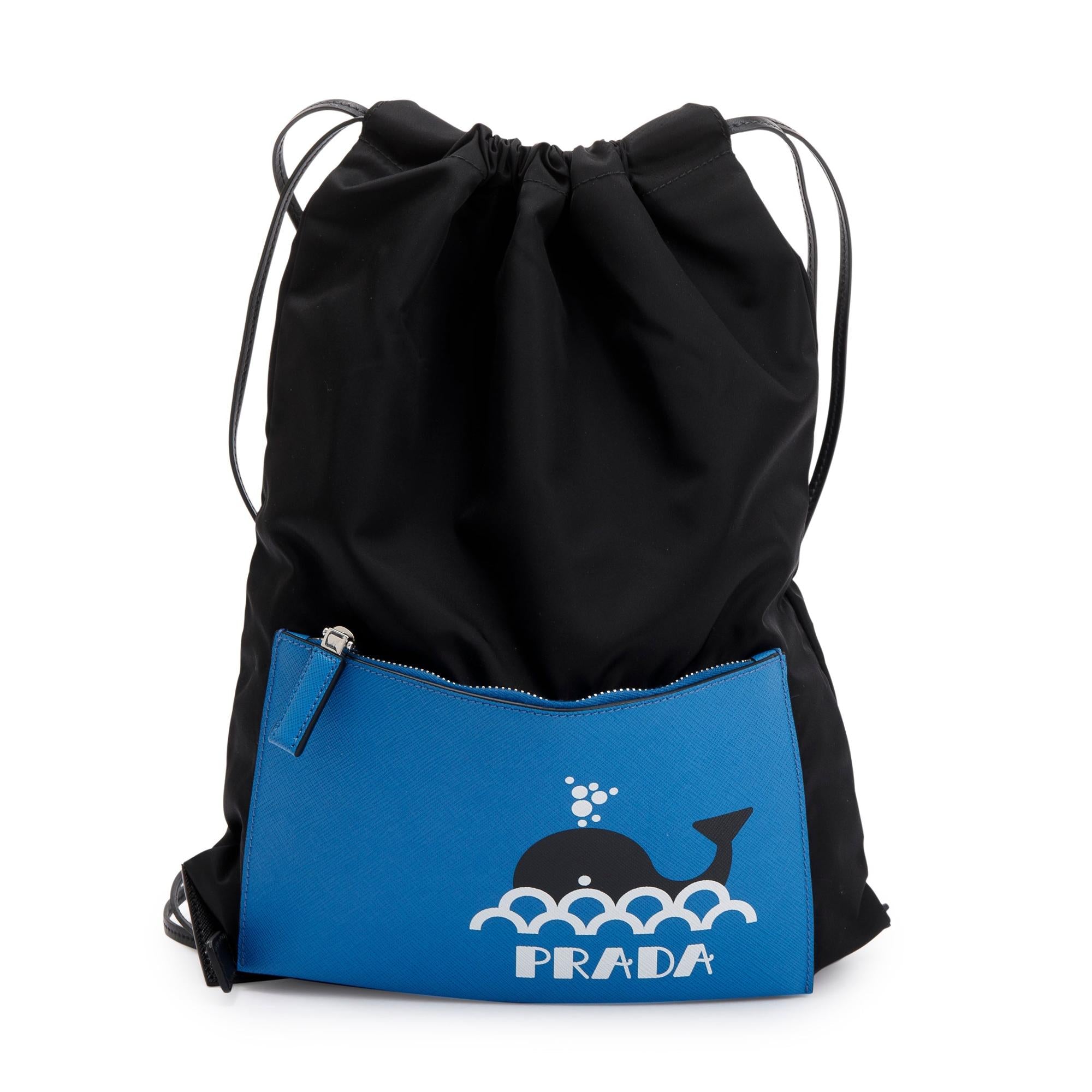 Prada Black Tessuto Nylon Whale Pocket Motif Drawstring Backpack