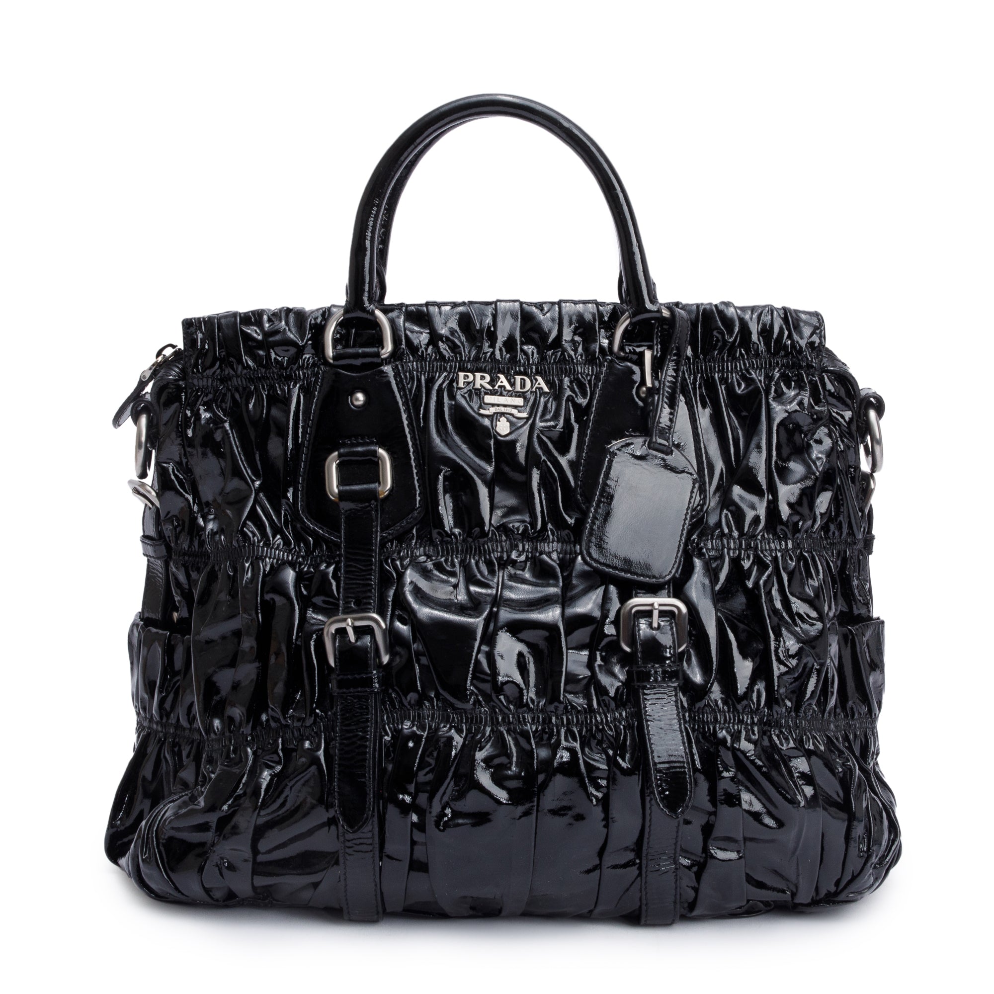 Prada Black Vernice Gaufre Shopping Tote w/ Strap & Authenticity Card