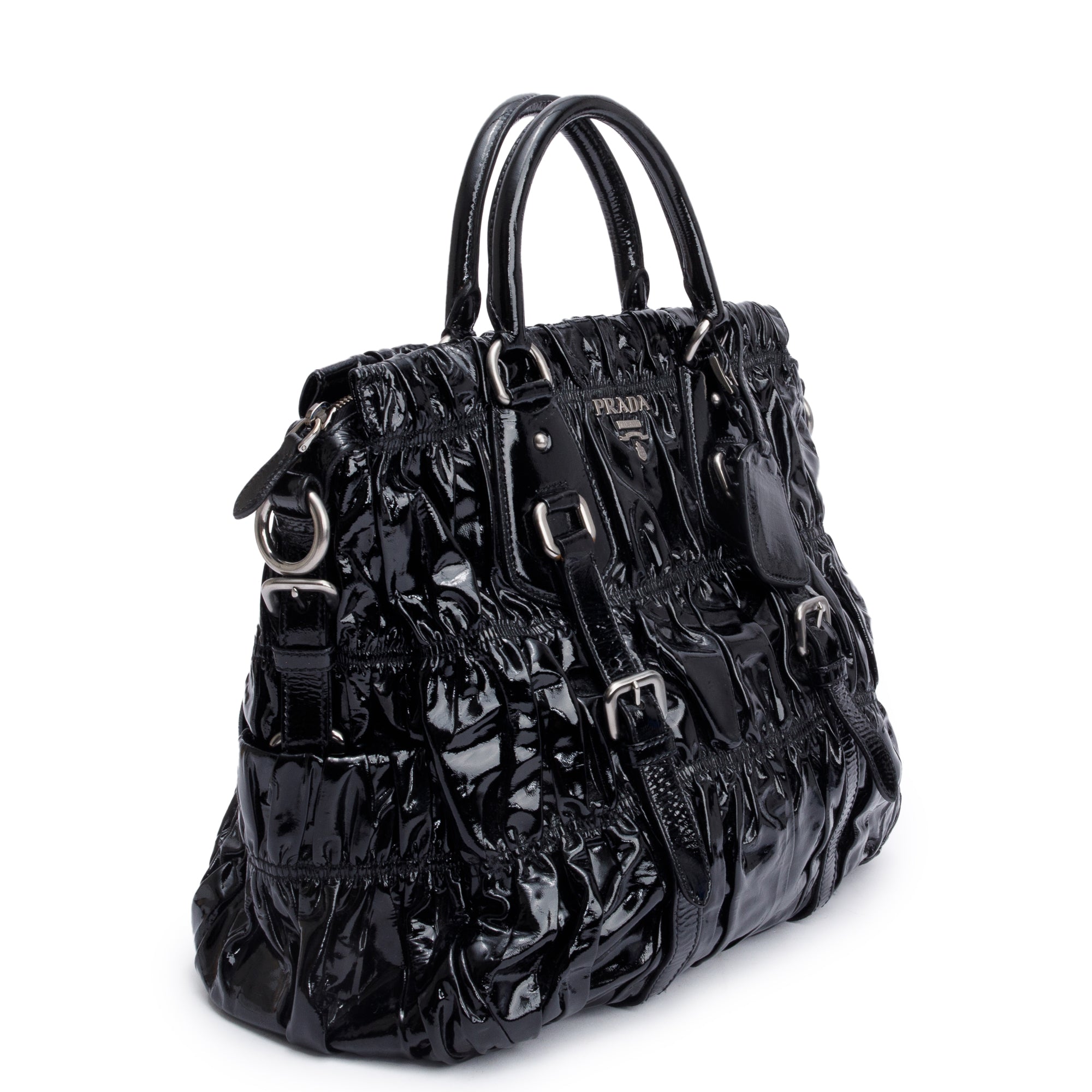Prada Black Vernice Gaufre Shopping Tote w/ Strap & Authenticity Card