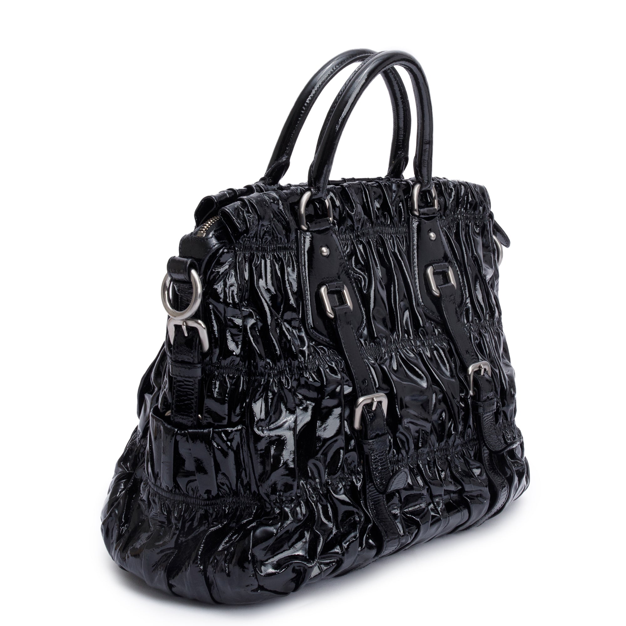 Prada Black Vernice Gaufre Shopping Tote w/ Strap & Authenticity Card