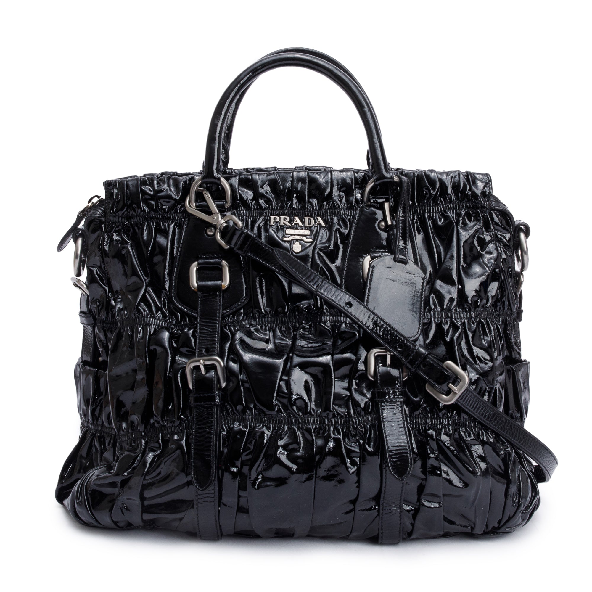 Prada Black Vernice Gaufre Shopping Tote w/ Strap & Authenticity Card