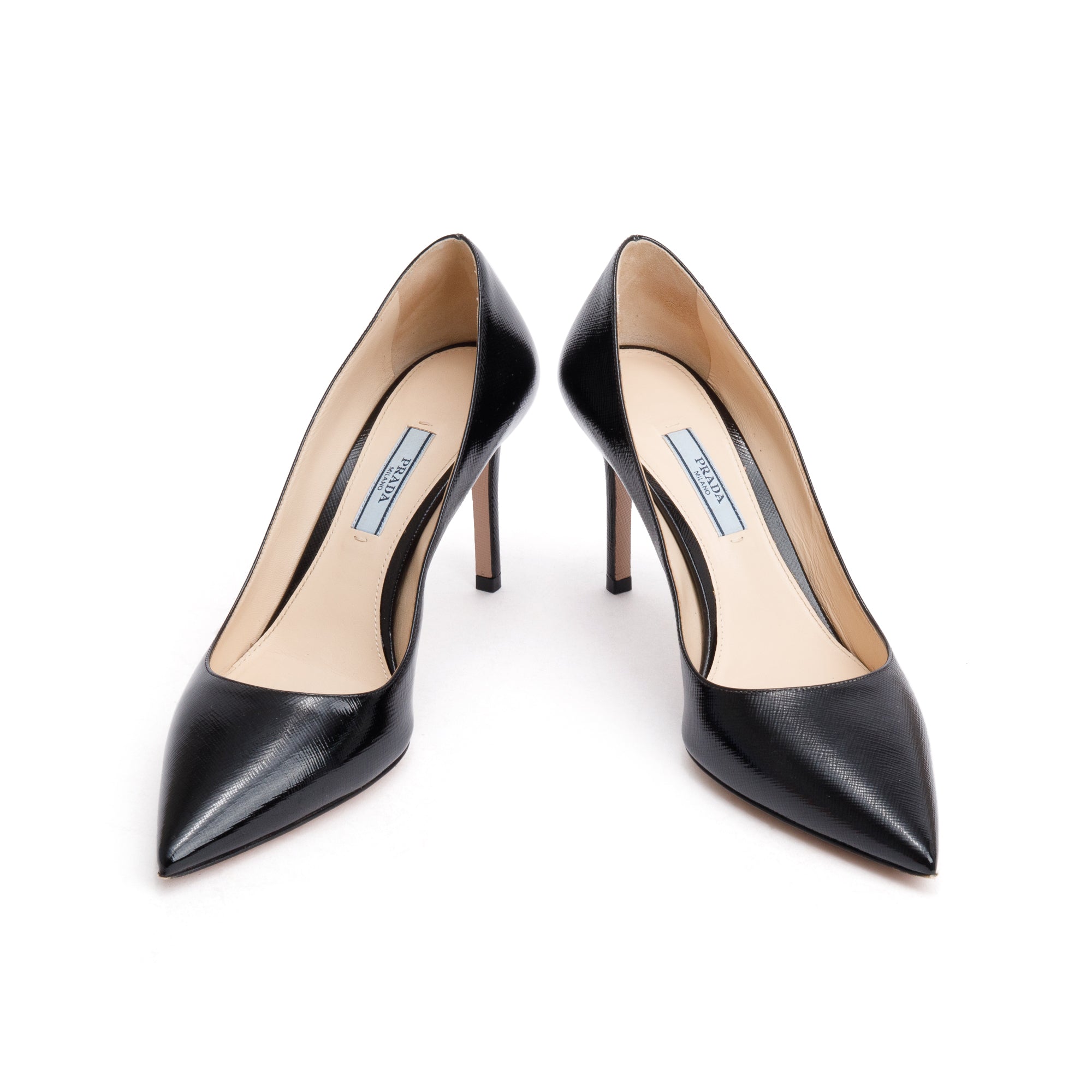 Prada Black Vernice St. Saffiano Leather Calzature Donna Pumps, Size 38 w/ Box & Receipt
