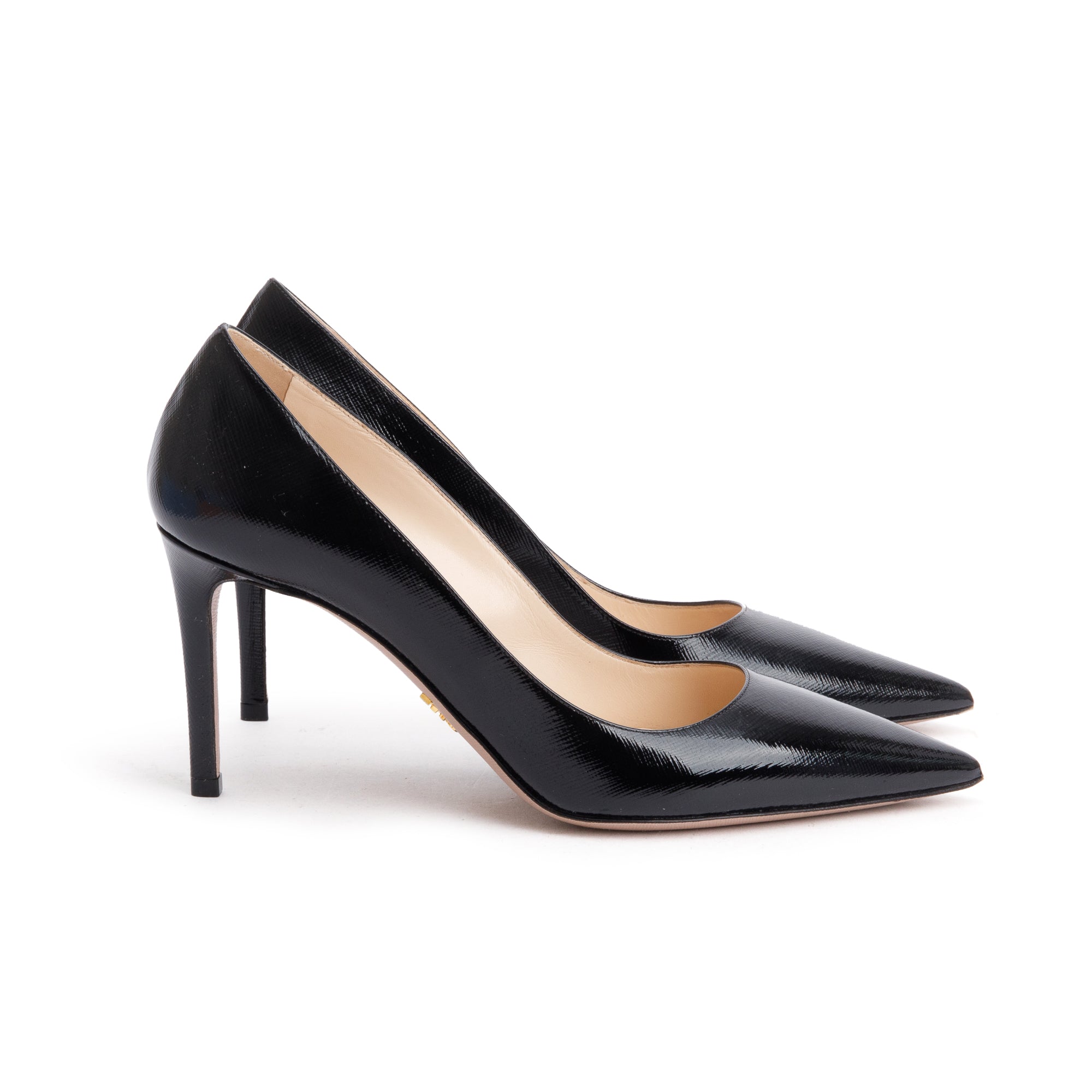 Prada Black Vernice St. Saffiano Leather Calzature Donna Pumps, Size 38 w/ Box & Receipt