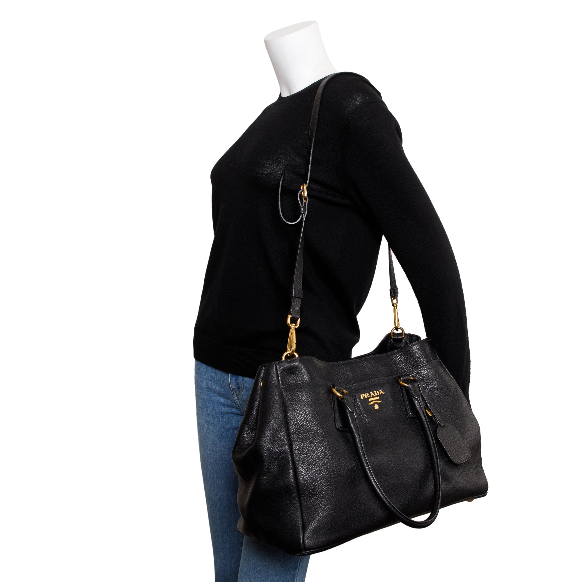 Prada Black Vitello Daino Convertible Tote w/ Strap