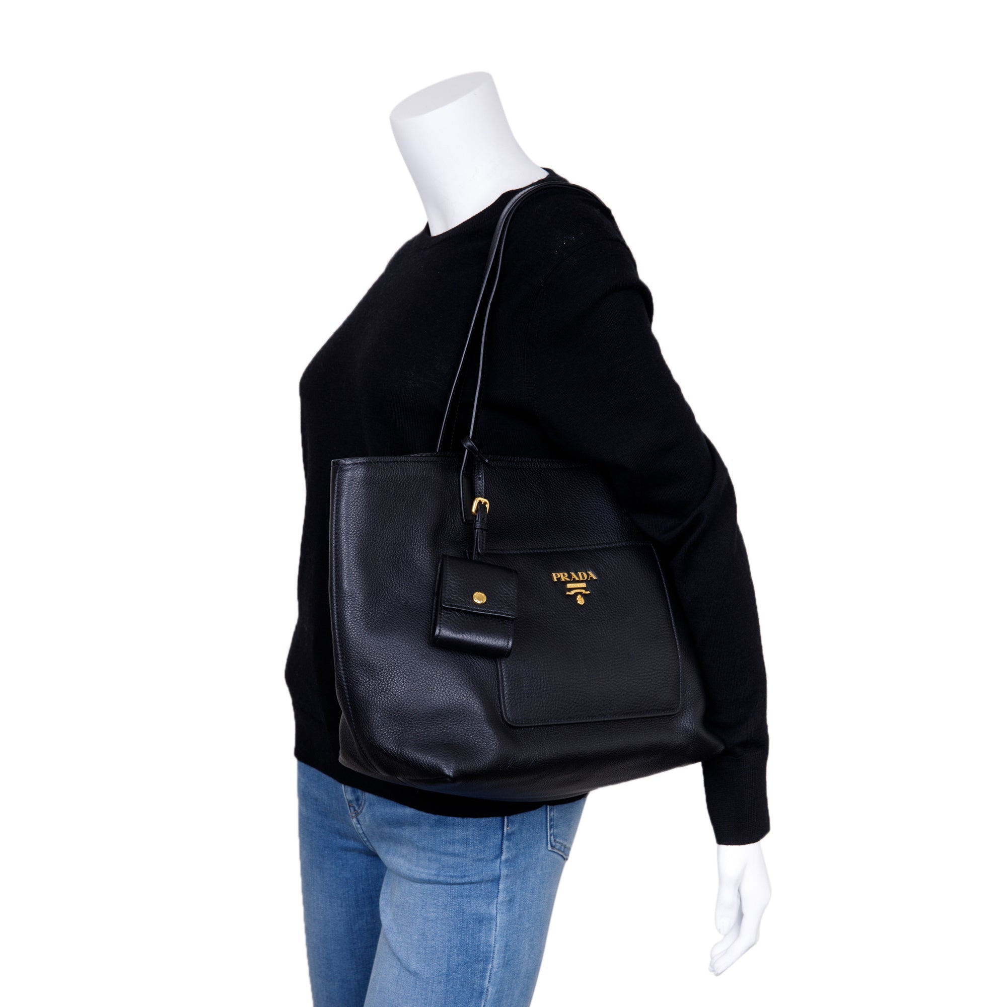 Prada Black Vitello Daino Front Pocket Shopping Tote