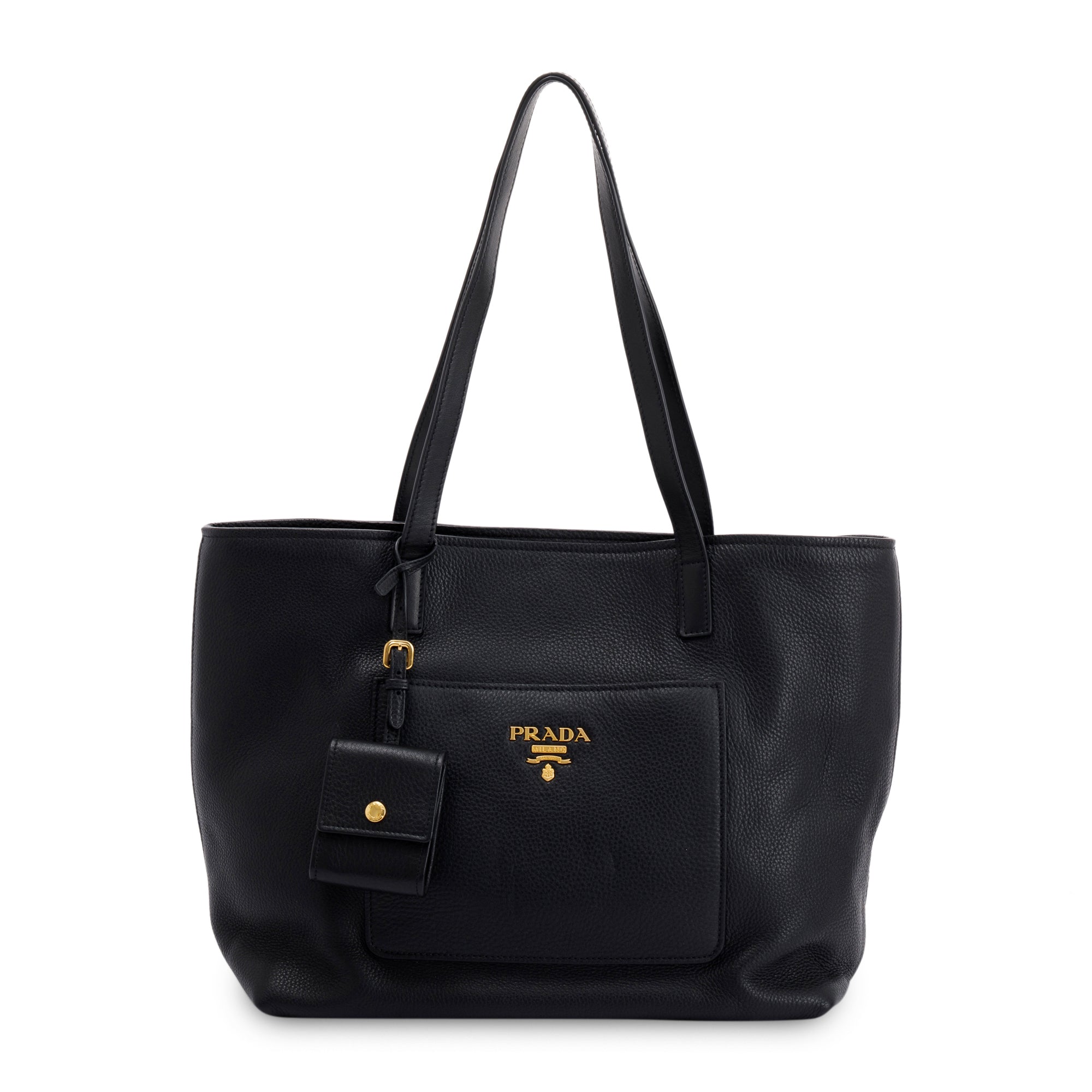 Prada Black Vitello Daino Front Pocket Shopping Tote