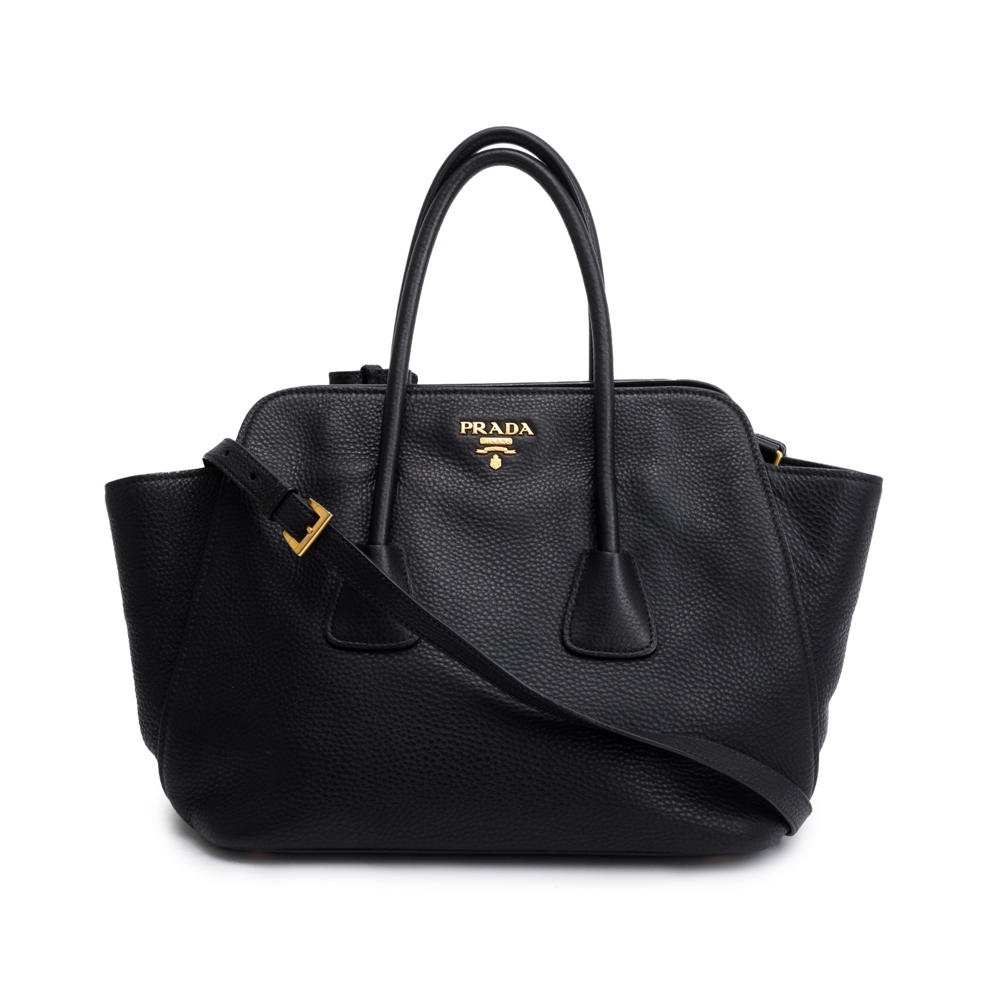 Prada Black Vitello Daino Handle Tote Bag w/ Strap