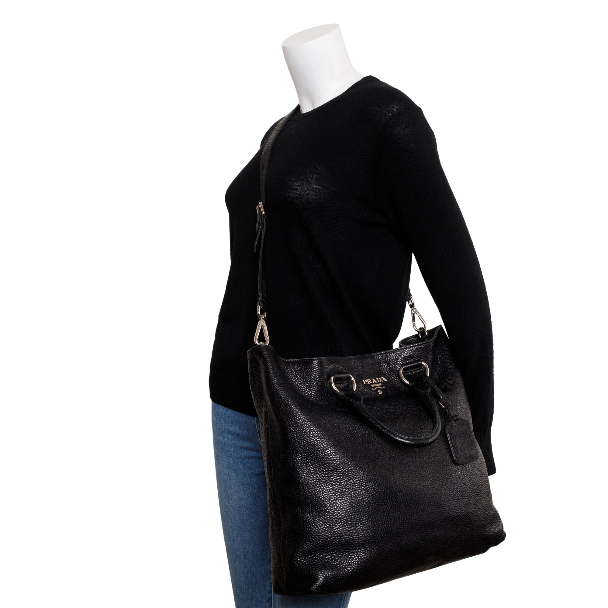 Prada Black Vitello Daino Leather Large Shopping Tote w/ Strap