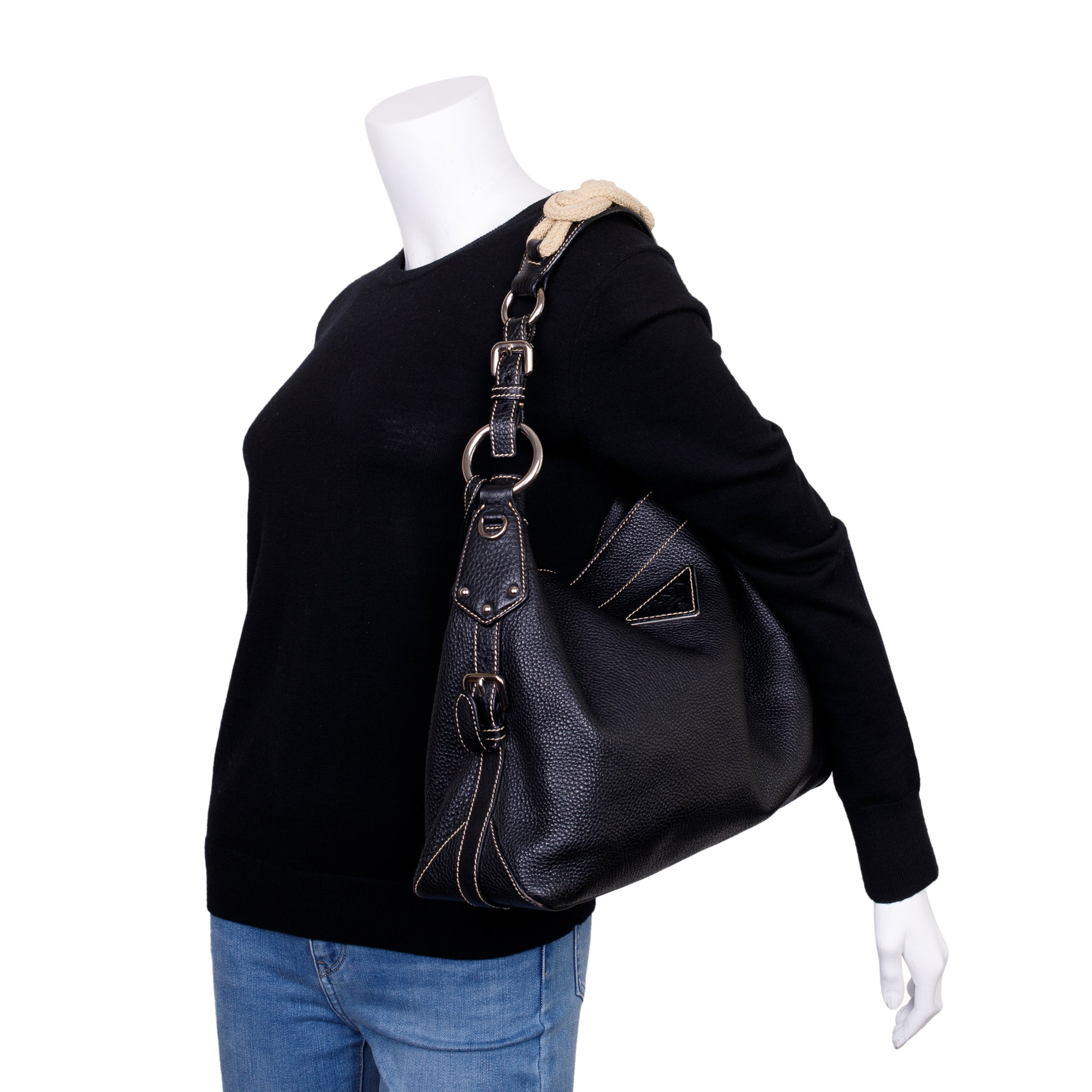 Prada Black Vitello Daino Leather Rope Hobo Bag