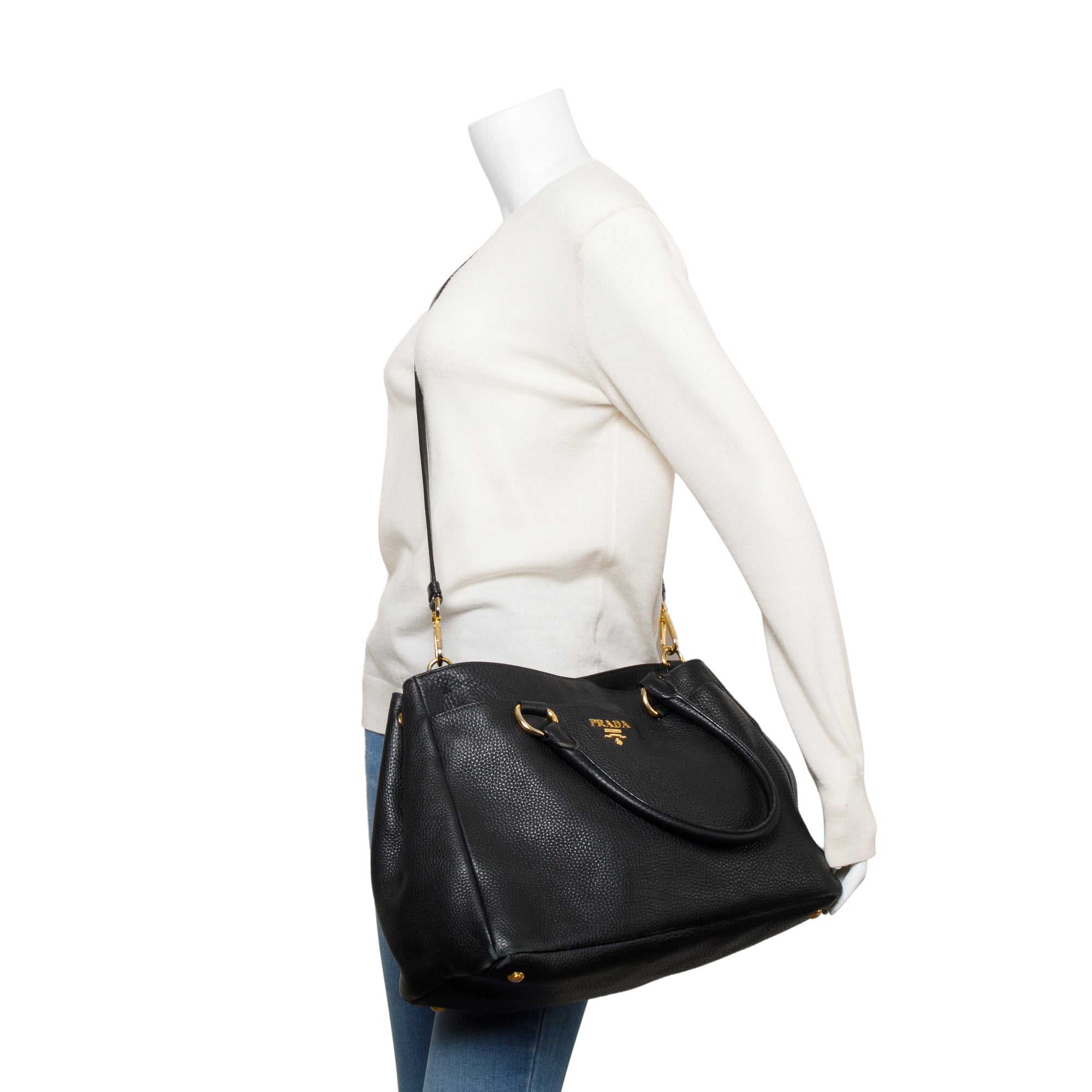 Prada Black Vitello Daino Leather Shoulder Bag w/ Strap