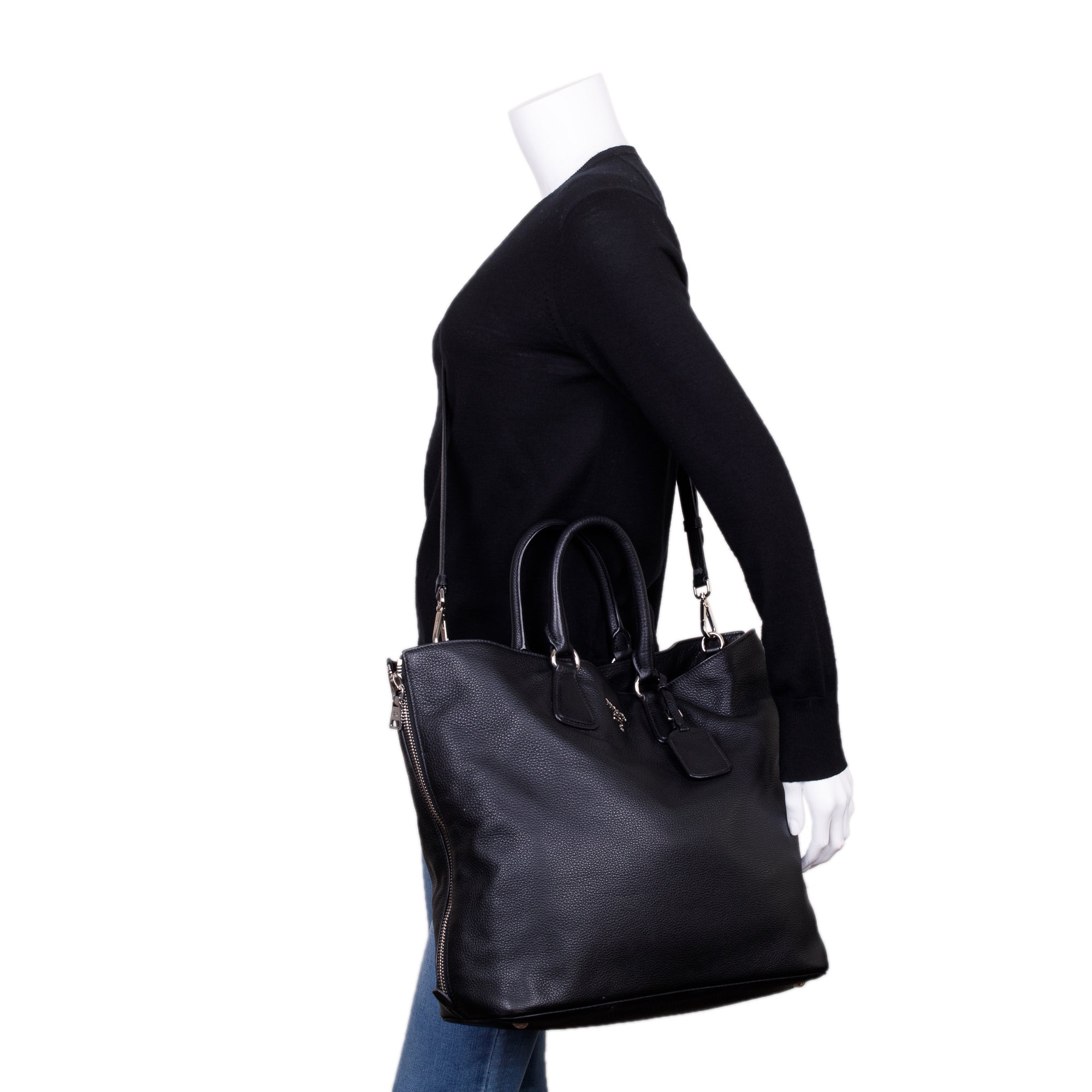 Prada Black Vitello Daino Leather Side Zip Shopping Tote w/ Strap