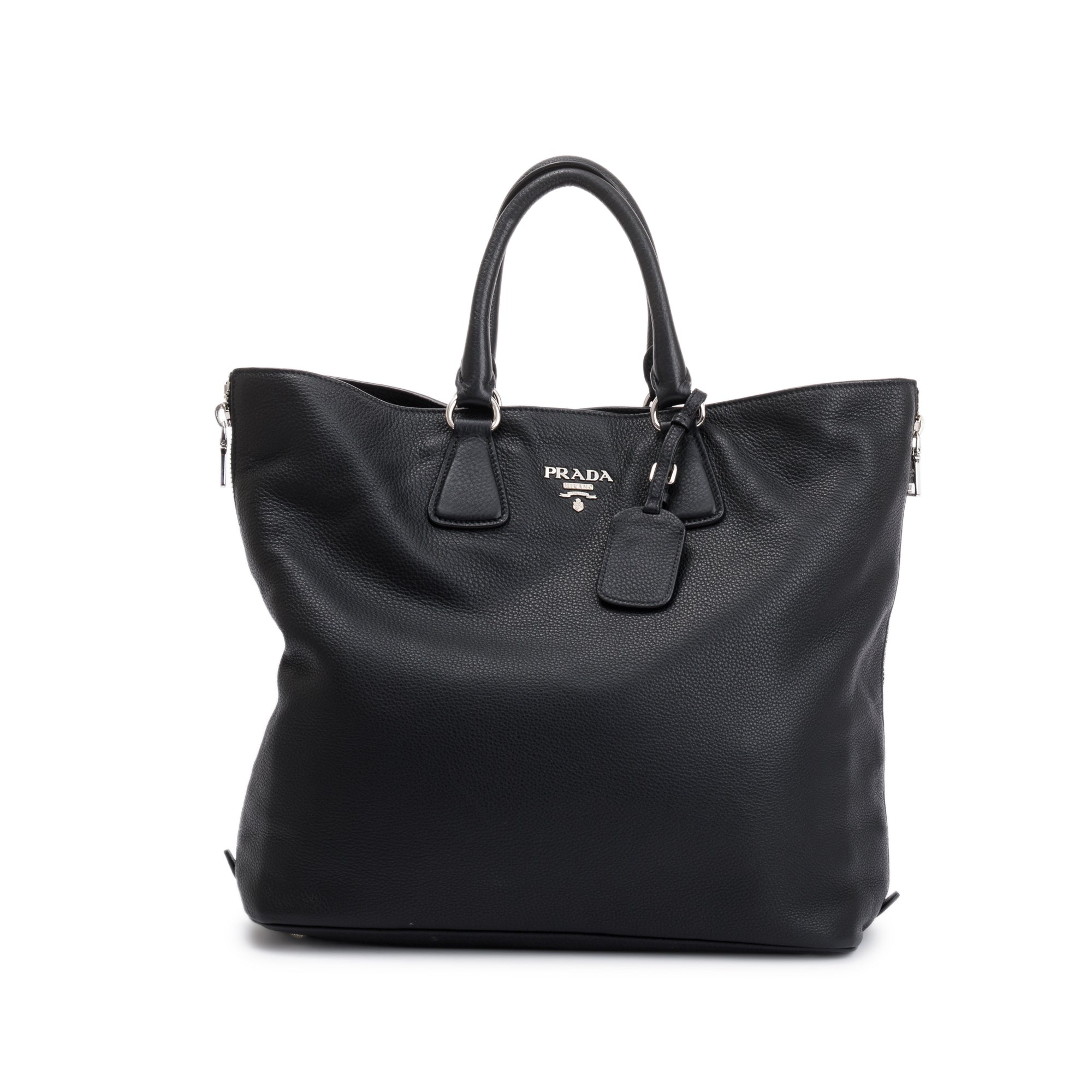Prada Black Vitello Daino Leather Side Zip Shopping Tote w/ Strap