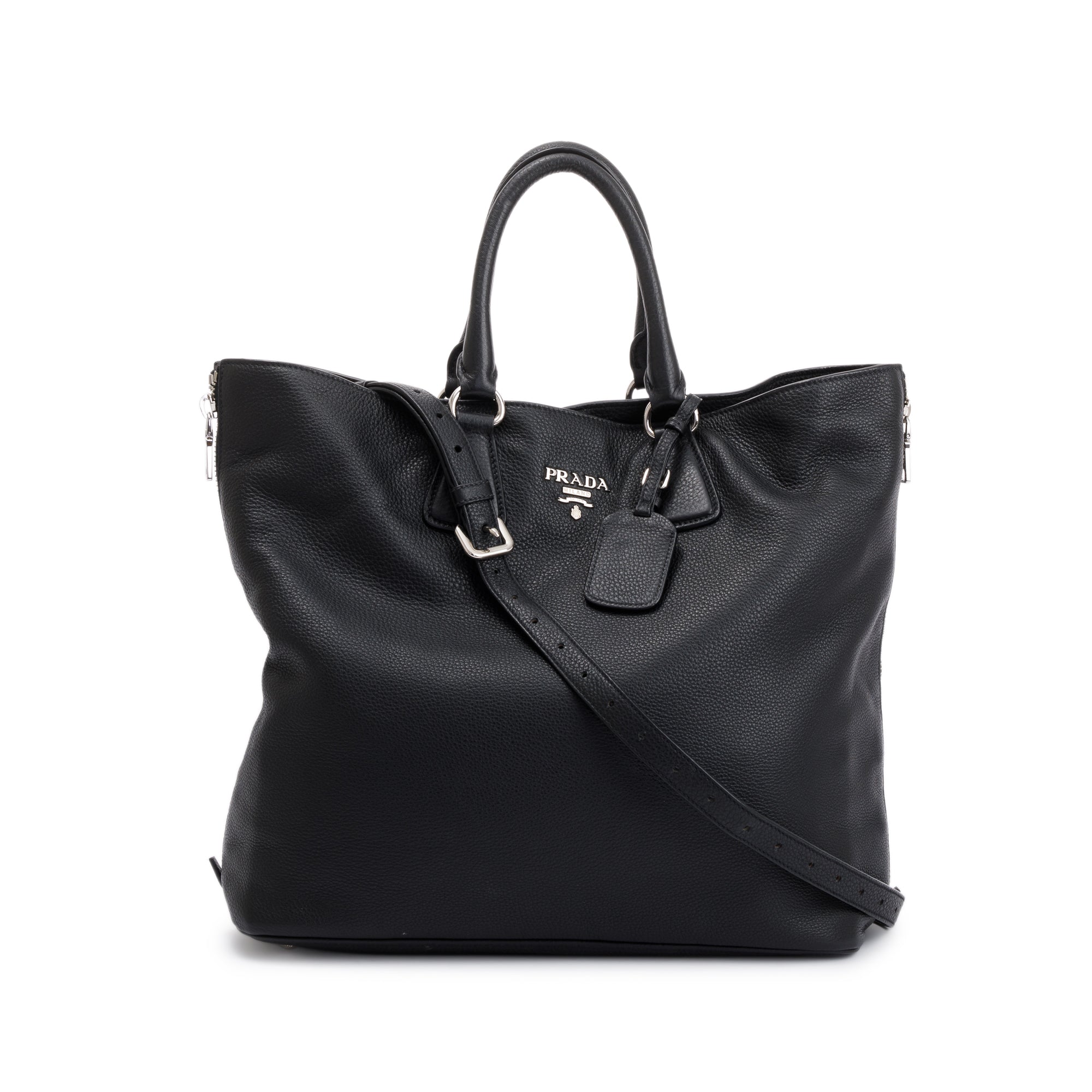 Prada Black Vitello Daino Leather Side Zip Shopping Tote w/ Strap