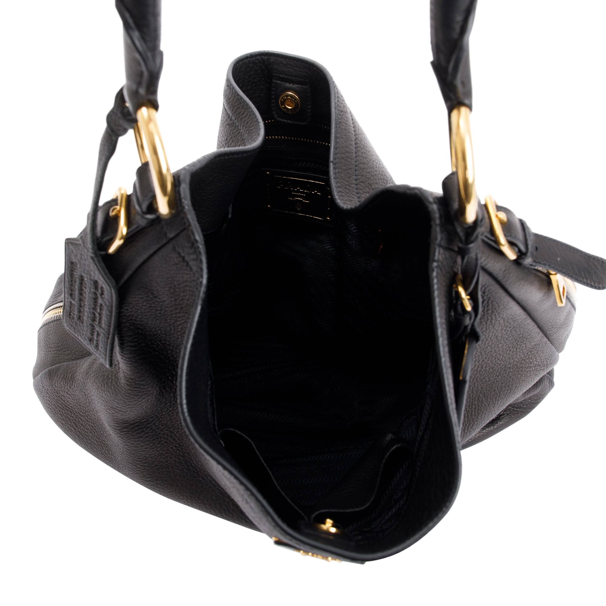 Prada Black Vitello Daino Leather Zip Around Hobo Bag