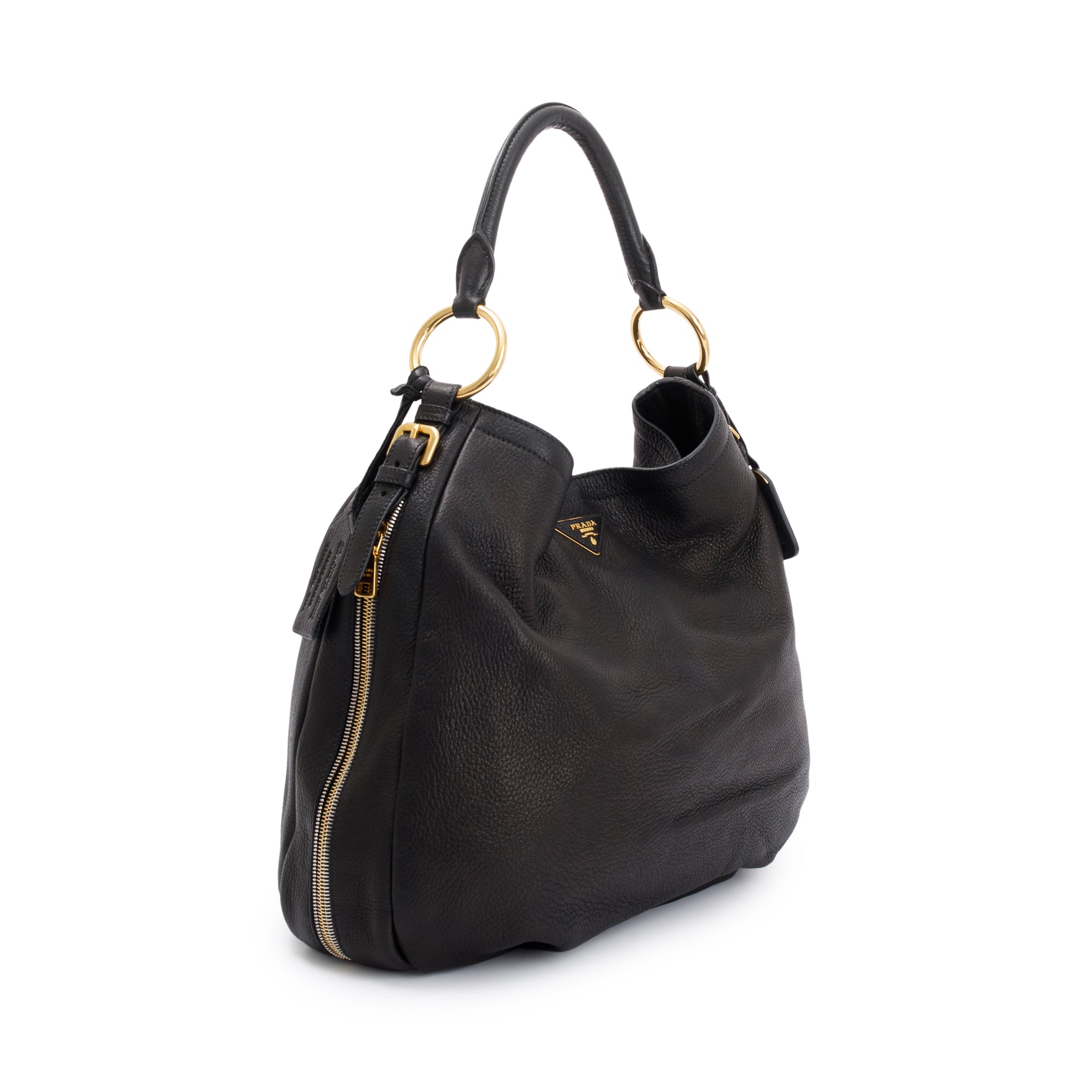 Prada Black Vitello Daino Leather Zip Around Hobo Bag