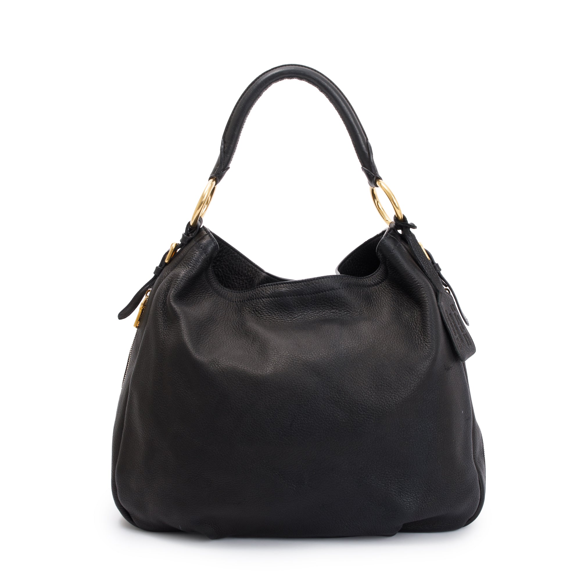 Prada Black Vitello Daino Leather Zip Around Hobo Bag