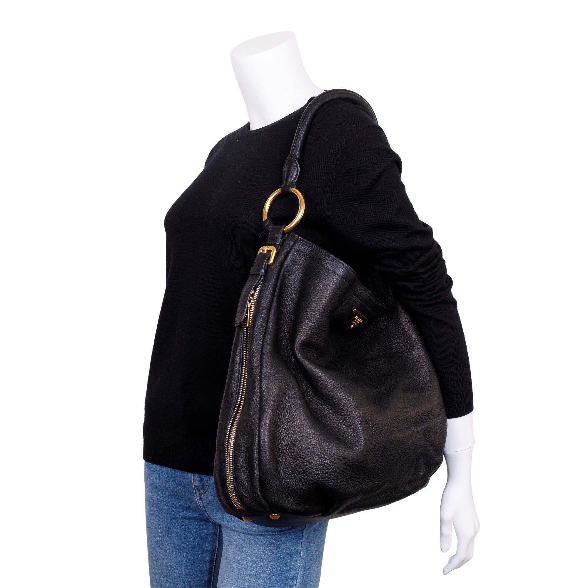 Prada Black Vitello Daino Leather Zip Around Hobo Bag