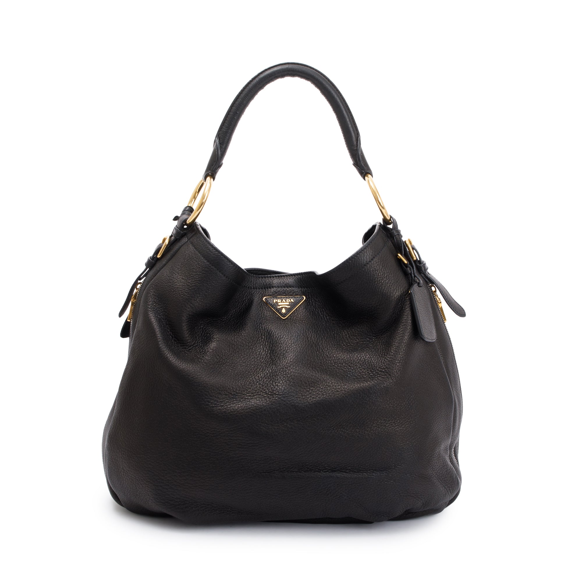 Prada Black Vitello Daino Leather Zip Around Hobo Bag