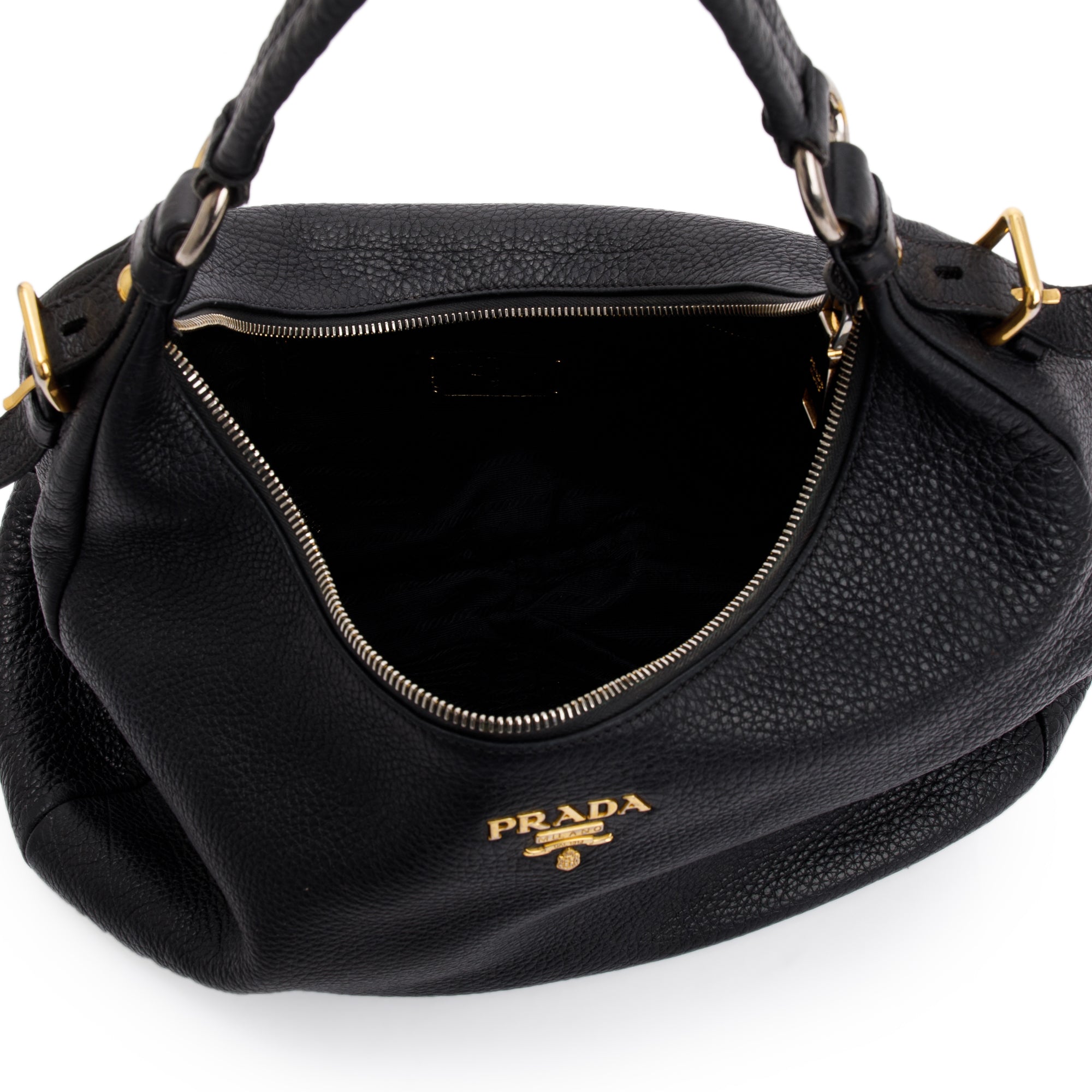 Prada Black Vitello Daino Leather Zip Top Hobo